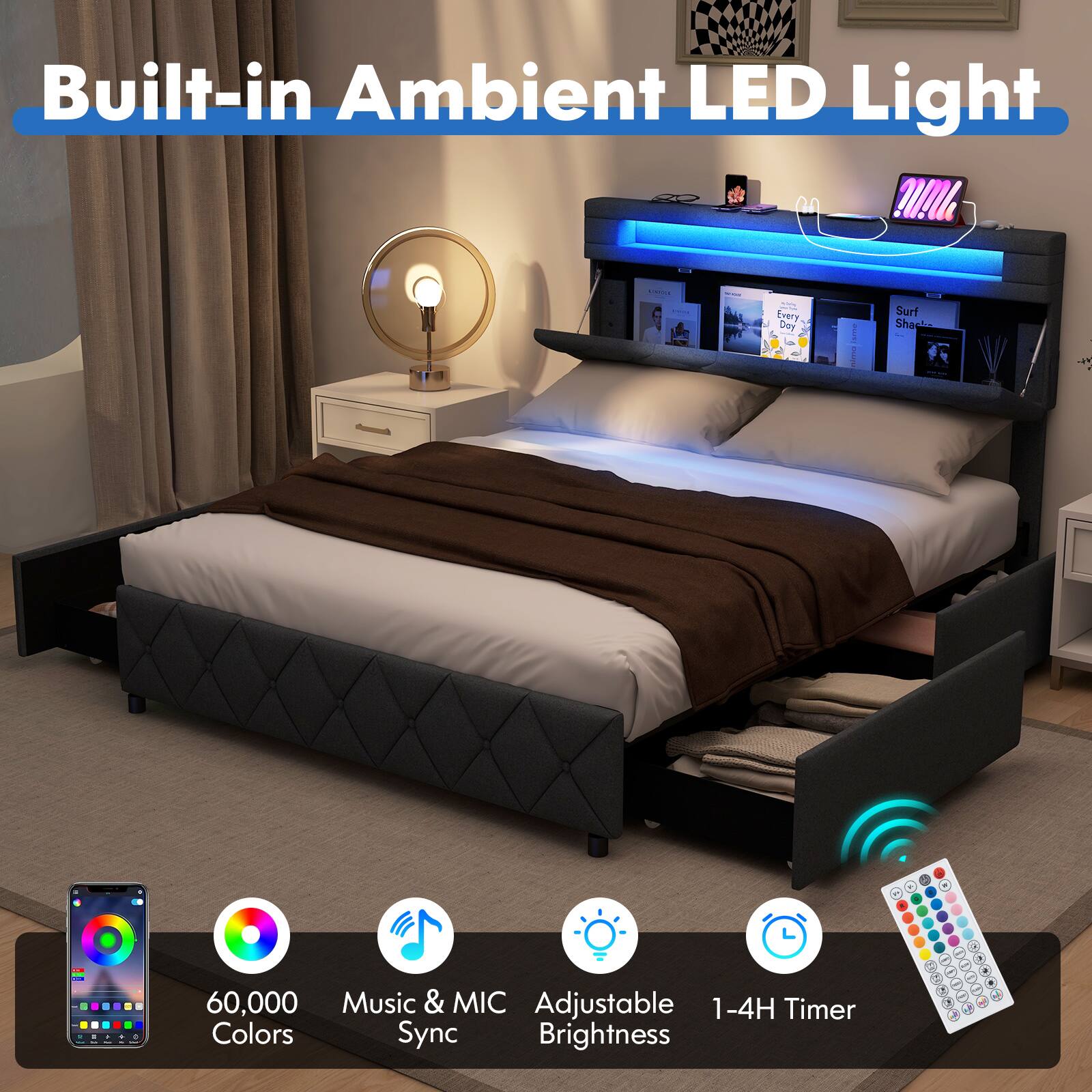 Built-in Ambient LED Light

- 60,000 Colors
- Music & MIC Sync
- Adjustable Brightness
- 1-4H Timer