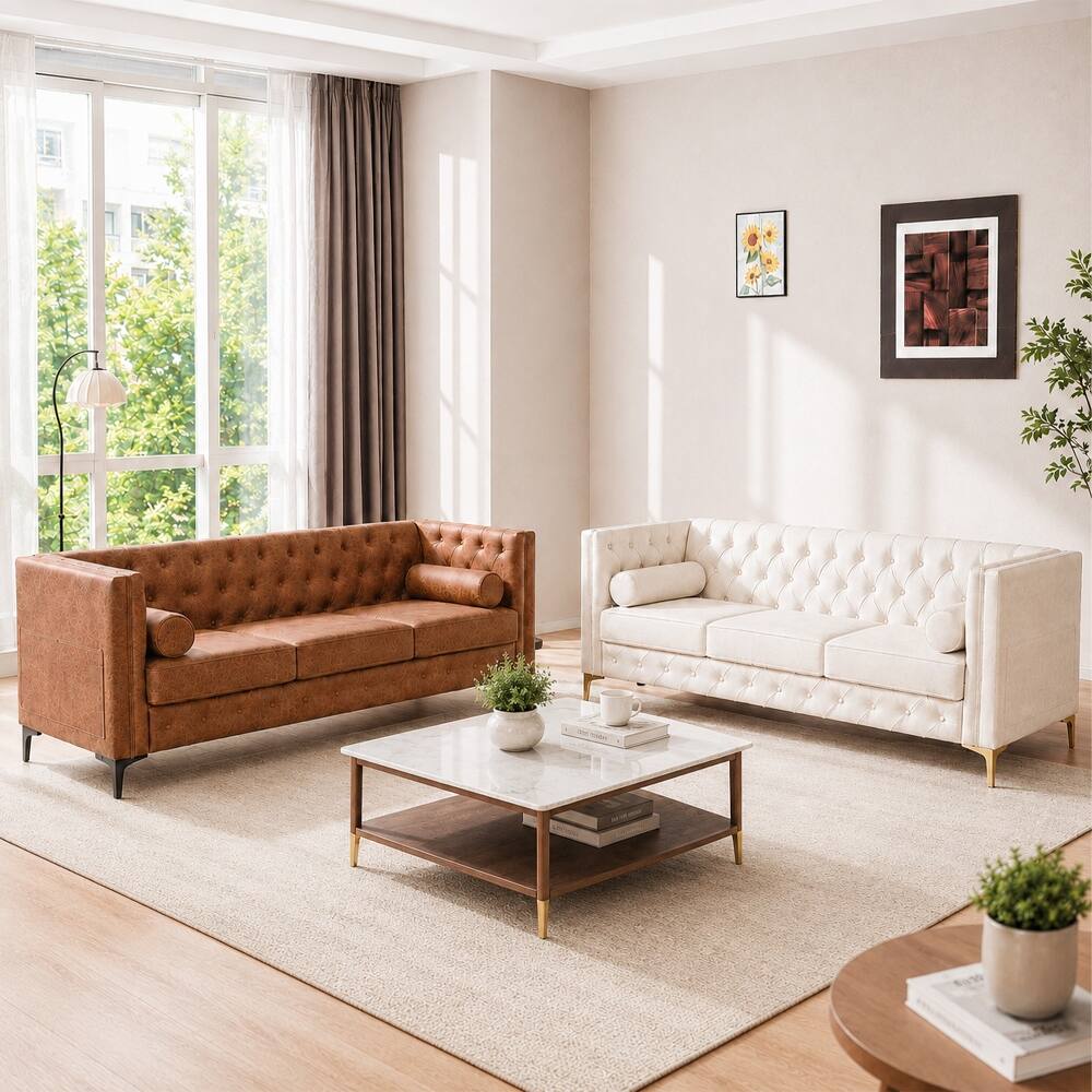 Angle. Loheer - Loheer 78.5-Inch Brown Faux Leather Sofa, Mid-Century Modern 3-Seater Couch with Button Tufted Deep Seat - Brown.