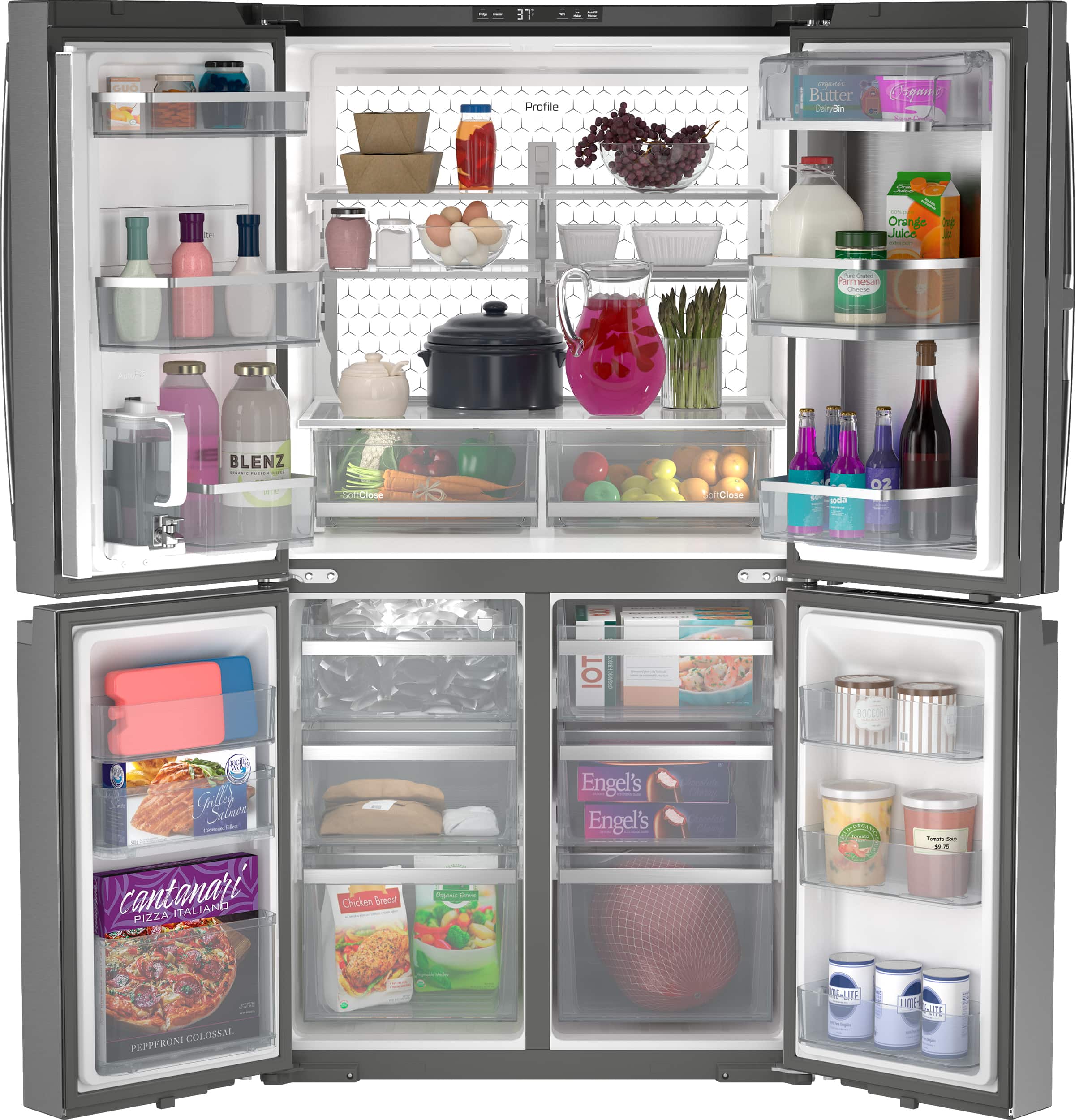 The image features a large refrigerator filled with various food items and drinks. The refrigerator is stocked with a variety of items, including milk, juice, and pizza. There are also several bottles of different sizes and shapes, as well as a bowl and a vase. The refrigerator is well-organized, with the items placed in an orderly manner. The image showcases the abundance of food and drinks available in the refrigerator, making it a well-stocked and convenient space for meal preparation and consumption.