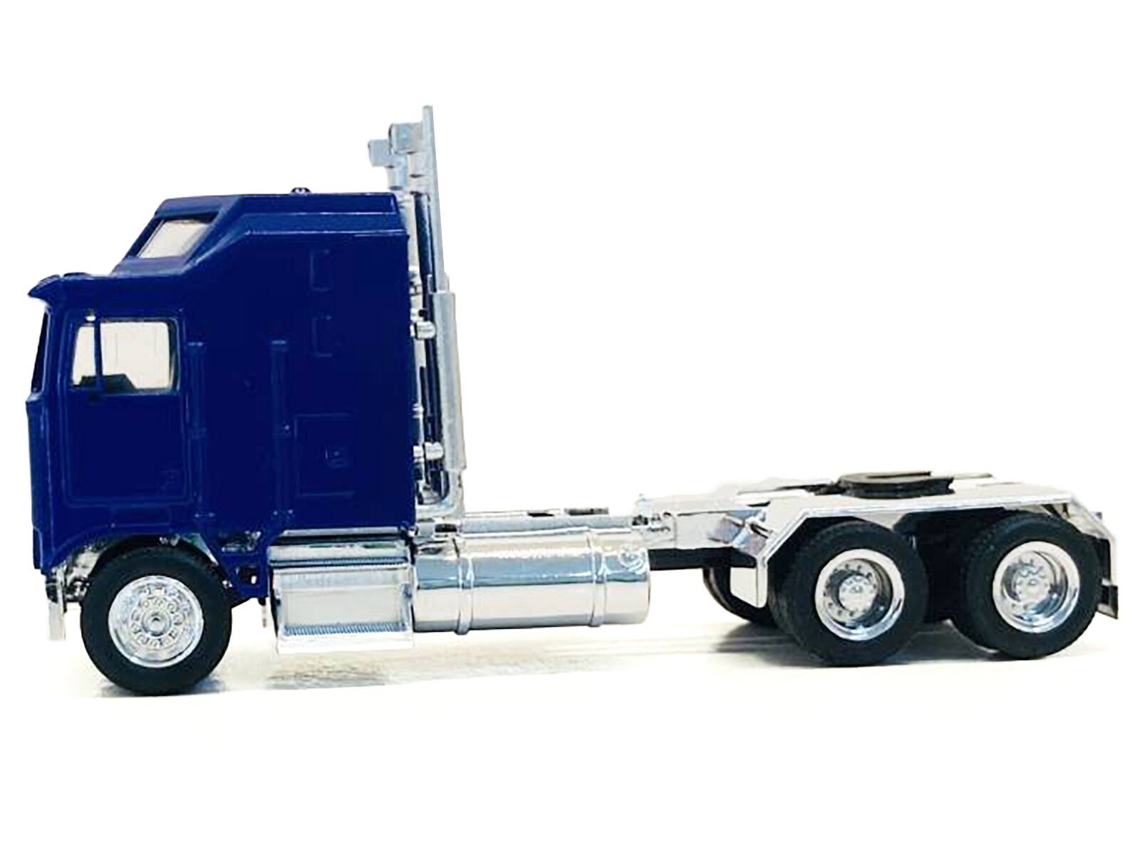 Angle. Promotex - Kenworth K100 with 1-Bar Grill and X-Long Chrome Chassis Blue 1/87 (HO) Plastic Model Car by Promotex - Chrome, Blue.