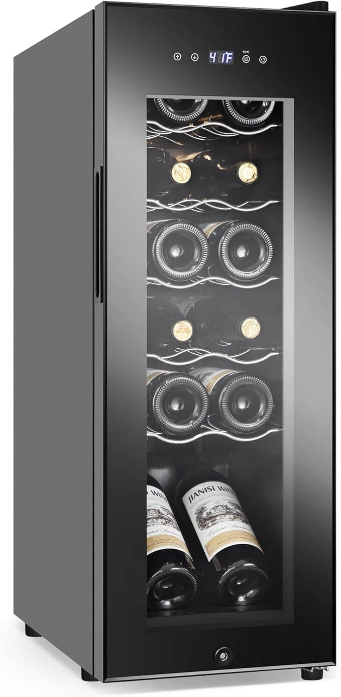 HOOURE - 12 Bottles Small Wine Cooler Fridge Countertop with Glass Door for Red Wine, Champagne, Dry White Wine, Sparkling Wines - Black