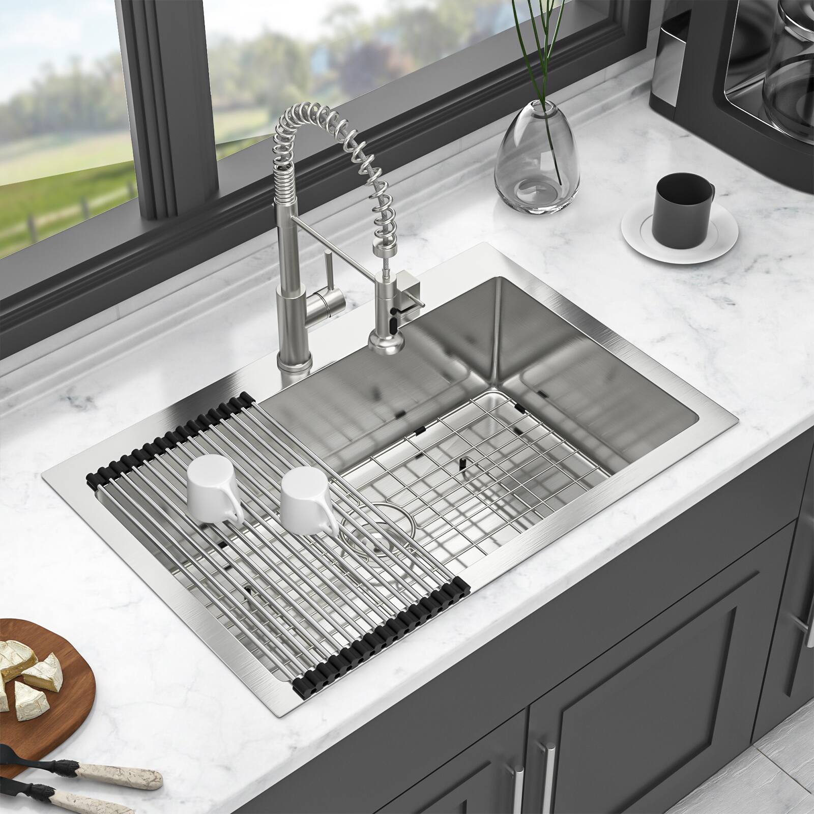 Angle. Siljoy - 33 x 22 x 10 inch Kitchen Sink Drop-In 16 Gauge Stainless Steel Single Bowl Topmount Kitchen Sink - Brushed Nickel.