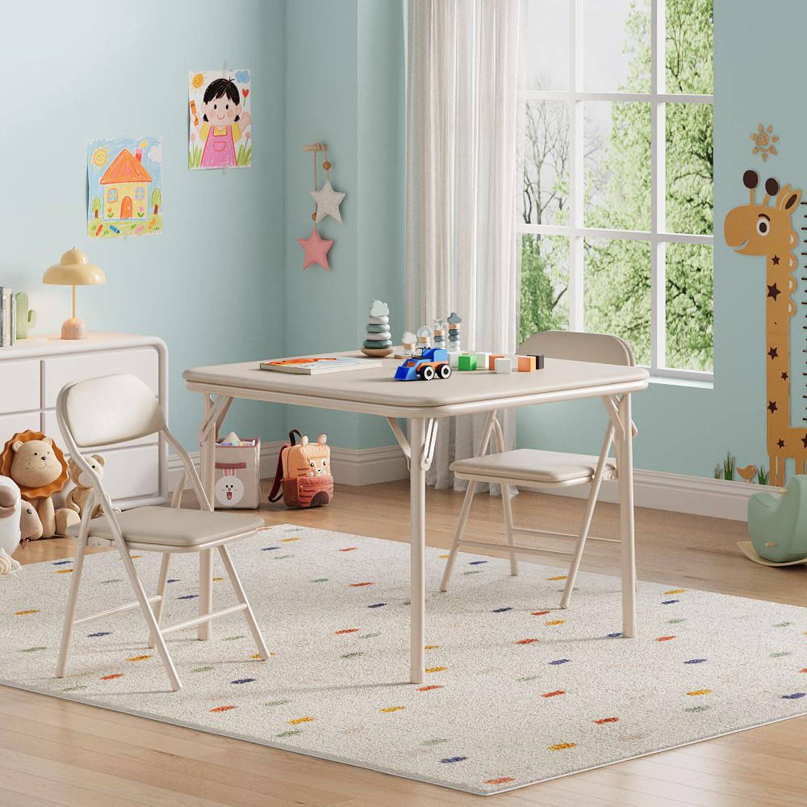 Alt View 4. Homhougo - 3 Piece Boys Girls Folding Table and Chairs Set, Activity Table and Chairs Set - Beige.