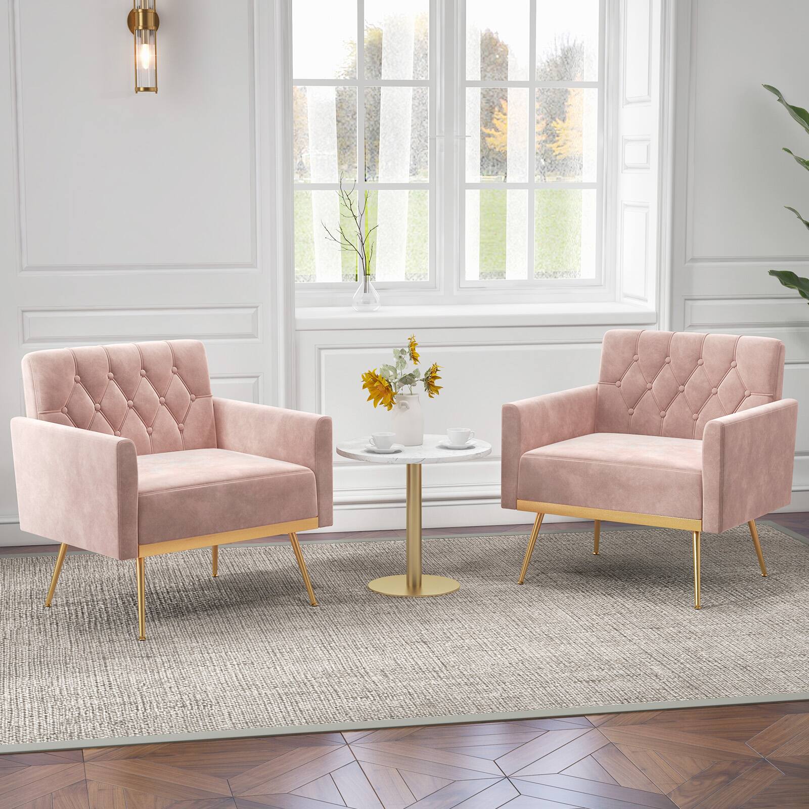Alt View 7. Ecooso - Velvet Accent Chair with Button Tufted Back and Golden Metal Legs, Adjustable Pads - Pink.