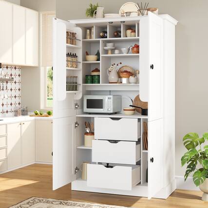 Front. Whisen - 42" W Kitchen Pantry Cabinet, Large Freestanding Storage Hutch with Workstation, Drawers & Wine Racks - White.