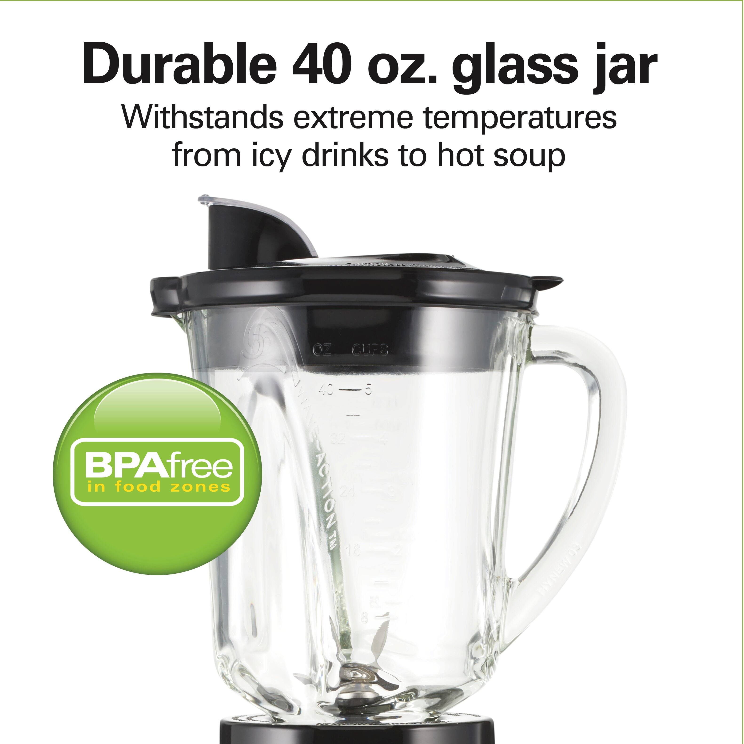 Durable 40 oz. glass jar  
Withstands extreme temperatures from icy drinks to hot soup  

BPA free in food zones