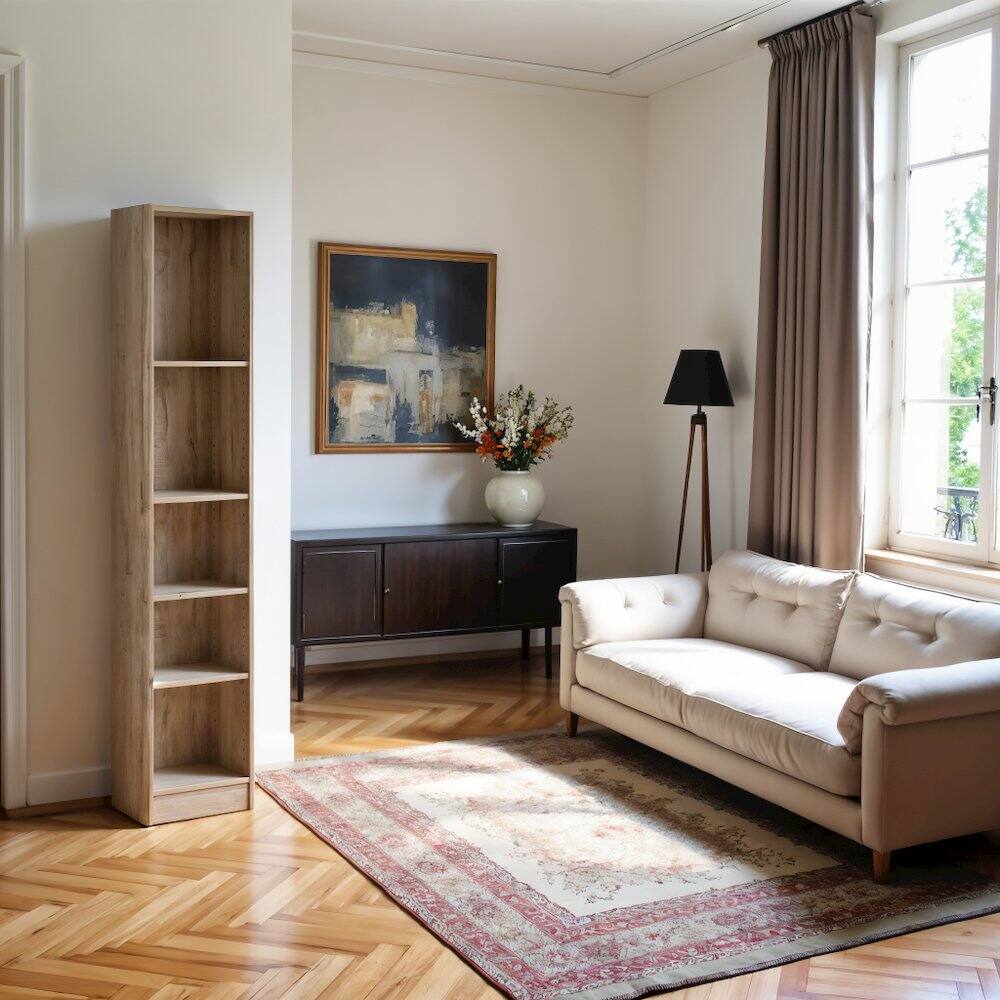 Back. FurniFact - Tall Narrow Book Shelf - Compact Small Bookshelf with 5 Shelves - Brown.