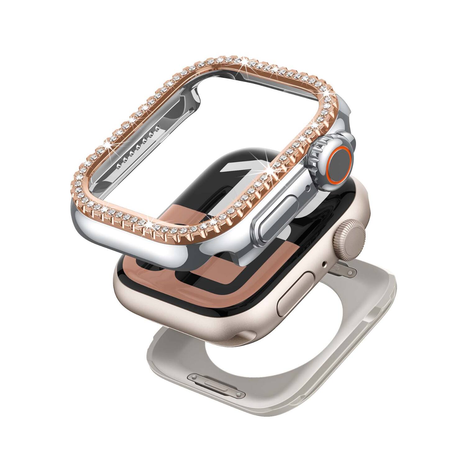 Left. Stock Preferred - Rugged Metal Diamond Bumper Case with Back Cover for Apple Watch 44mm Silver Rose Gold - Silver Rose Gold.