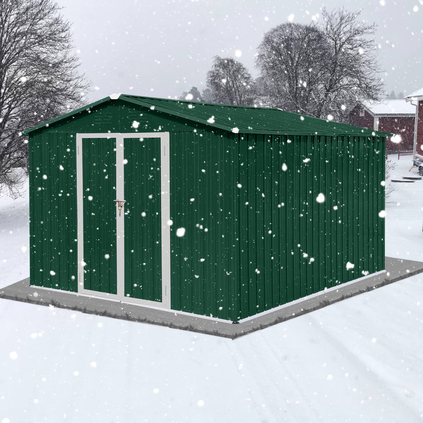 Back. Anysun - 8x10ft Metal Garden Shed with Apex Roof, Hinged Door & Integrated Vents, Heavy-Duty Outdoor Storage with Padlock - Green.