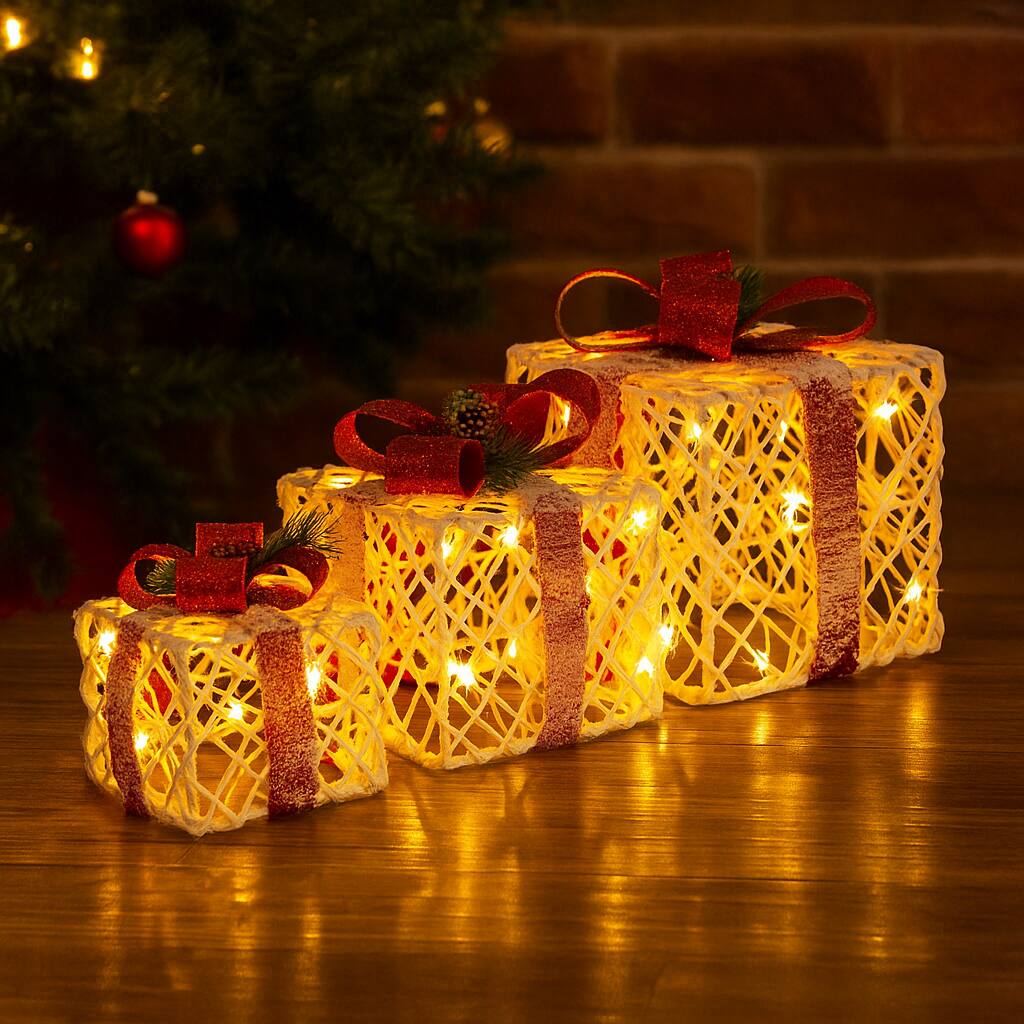 Angle. BreeBe - Christmas Gift Box Set of 3 with Lights and Red Ribbon Accents - Red & White.