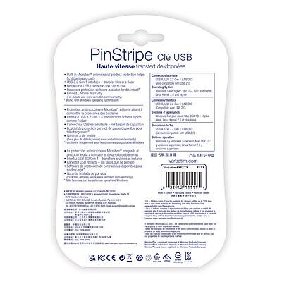 PinStripe Clé USB  
Haute vitesse transfert de données

- Bulle d'Isolation : emballage protecteur résistant aux chocs
- 32 Go de stockage - jusqu'à 100 Mo/s
- Interface USB 3.0 Gen 1 - transfert de données jusqu'à 5 Gbit/s
- Protection anti-virus intégrée - Microban®
- Logiciel de protection de données - Verbatim Secure
- Interface USB 3.0 Gen 1 - compatible avec les ports USB 2.0
- Logiciel de protection de données - Verbatim Secure
- Garantie de 3 ans
- Compatible avec Windows 7/8/10 et Mac OS X 10.6 et supérieur
- Logiciel de protection de données - Verbatim Secure
- Protection anti-virus intégrée - Microban®
- Garantie de 3 ans
- Verbatim.com

XXXX 25942 19119 1

CE

FCC

RoHS

REACH

CE

Verbatim

