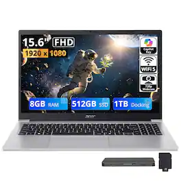 Acer - Upgraded - Aspire Lite 15.6" FHD Laptop, Intel 8-core 3 N350, 8GB RAM, 512GB SSD+1TB Dock Set, Intel Graphics, Win 11 - Silver