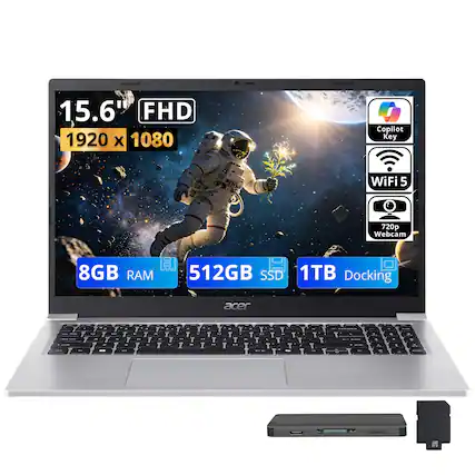 15.6" FHD 1920 x 1080 Copilot Key WiFi 5 720p Webcam 8GB RAM 512GB SSD 1TB Docking