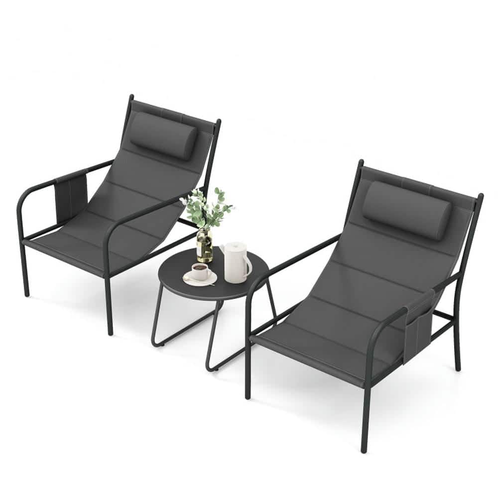 Pefilos - 3 Piece Outdoor Bistro Set, Patio Metal Chair and Coffee Table Set, Padded Cushion Padded Seat - Gray