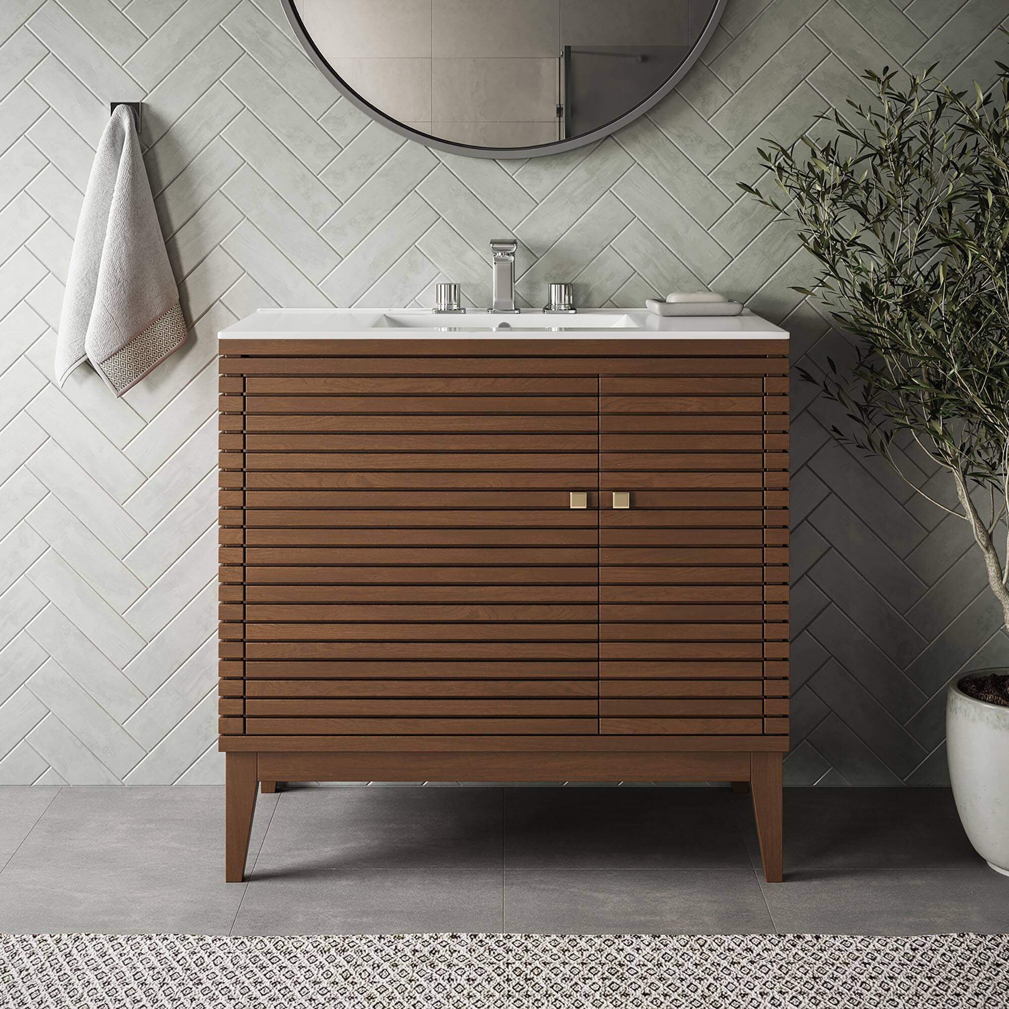 Front. Modway - Ledger Bathroom Vanity Basin Included - Walnut White.