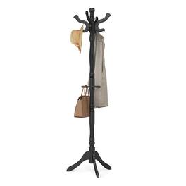 Songmics Home - Coat Stand, Solid Wood Freestanding Coat Rack with 11 Hooks, Hall Tree for Bags, Purses, Hats, for Entryway, Hallway - Ink Black