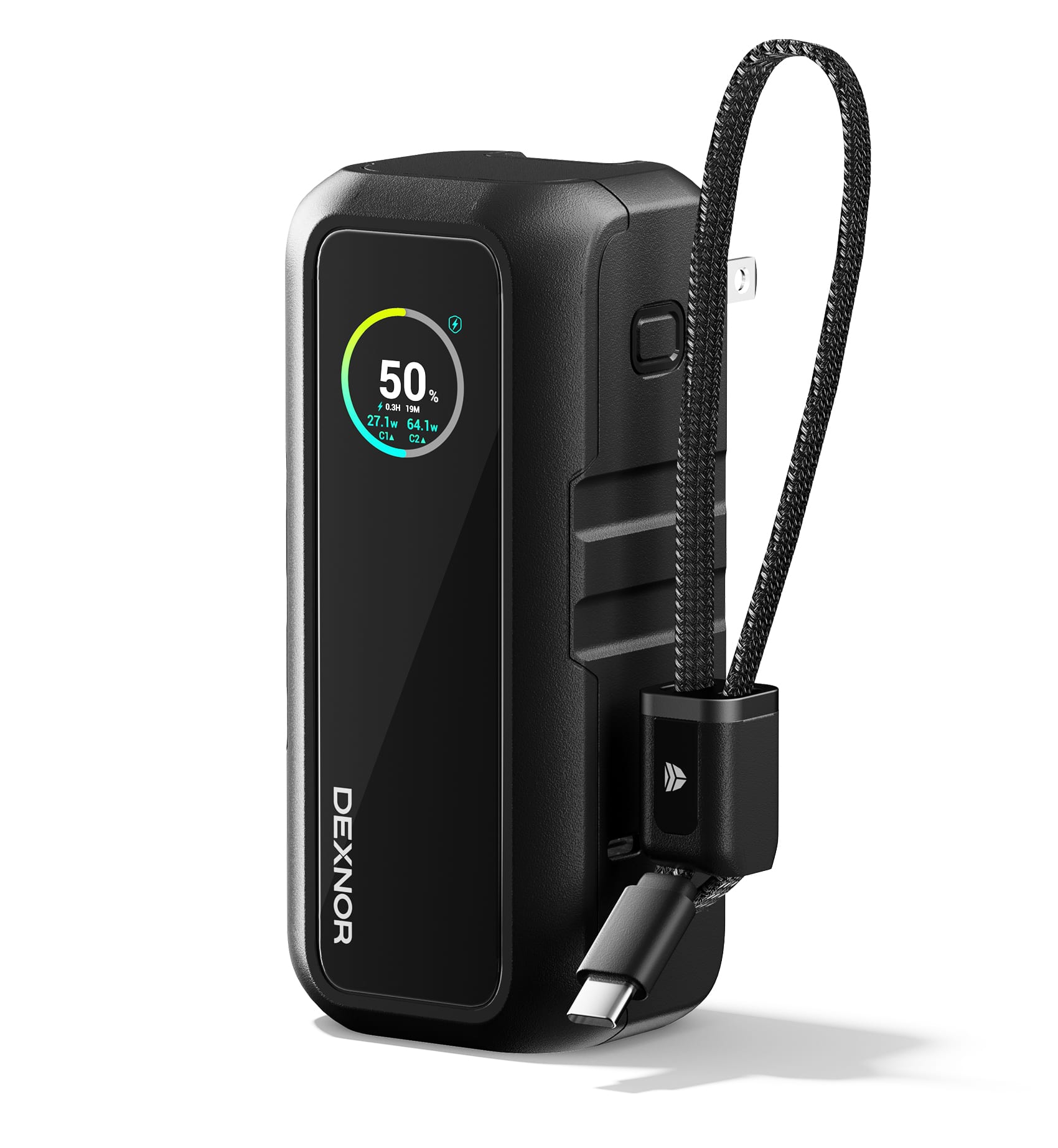 Dexnor - 3-in-1 Portable Charging Battery Pack, 15,000mAh 65W Power Bank with Foldable AC Wall Plug, Built-in USB-C Cable - Black