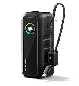 Dexnor - 3-in-1 Portable Charging Battery Pack, 15,000mAh 65W Power Bank with Foldable AC Wall Plug, Built-in USB-C Cable - Black