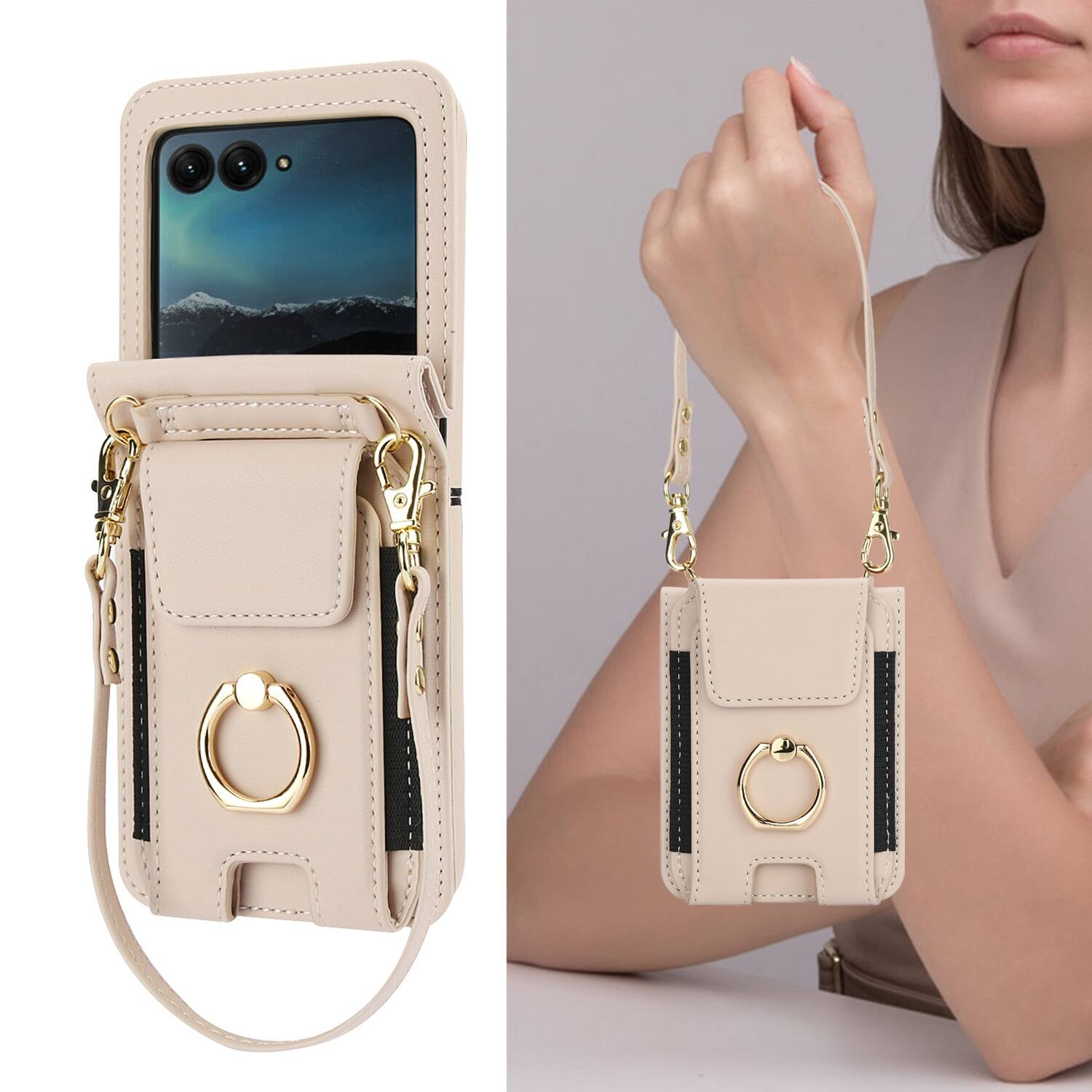 Alt View 3. Dteck - For Samsung Galaxy Z Flip8 Shockproof Leather Ring Kickstand Protective Wallet Case with Shoulder Strap / Lanyard - White.