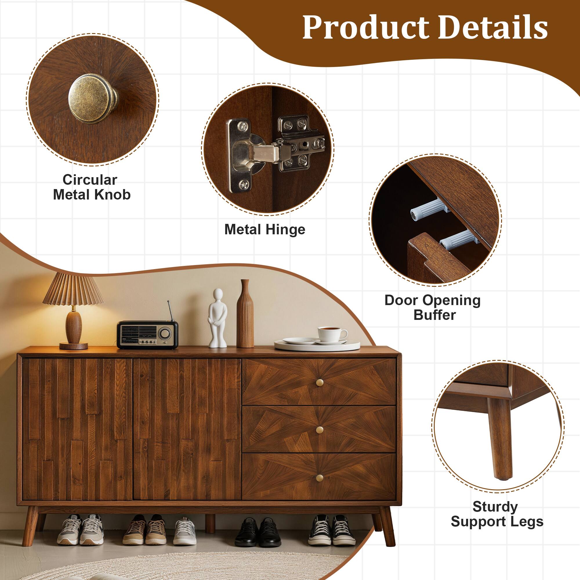 Product Details

- Circular Metal Knob
- Metal Hinge
- Door Opening Buffer
- Sturdy Support Legs