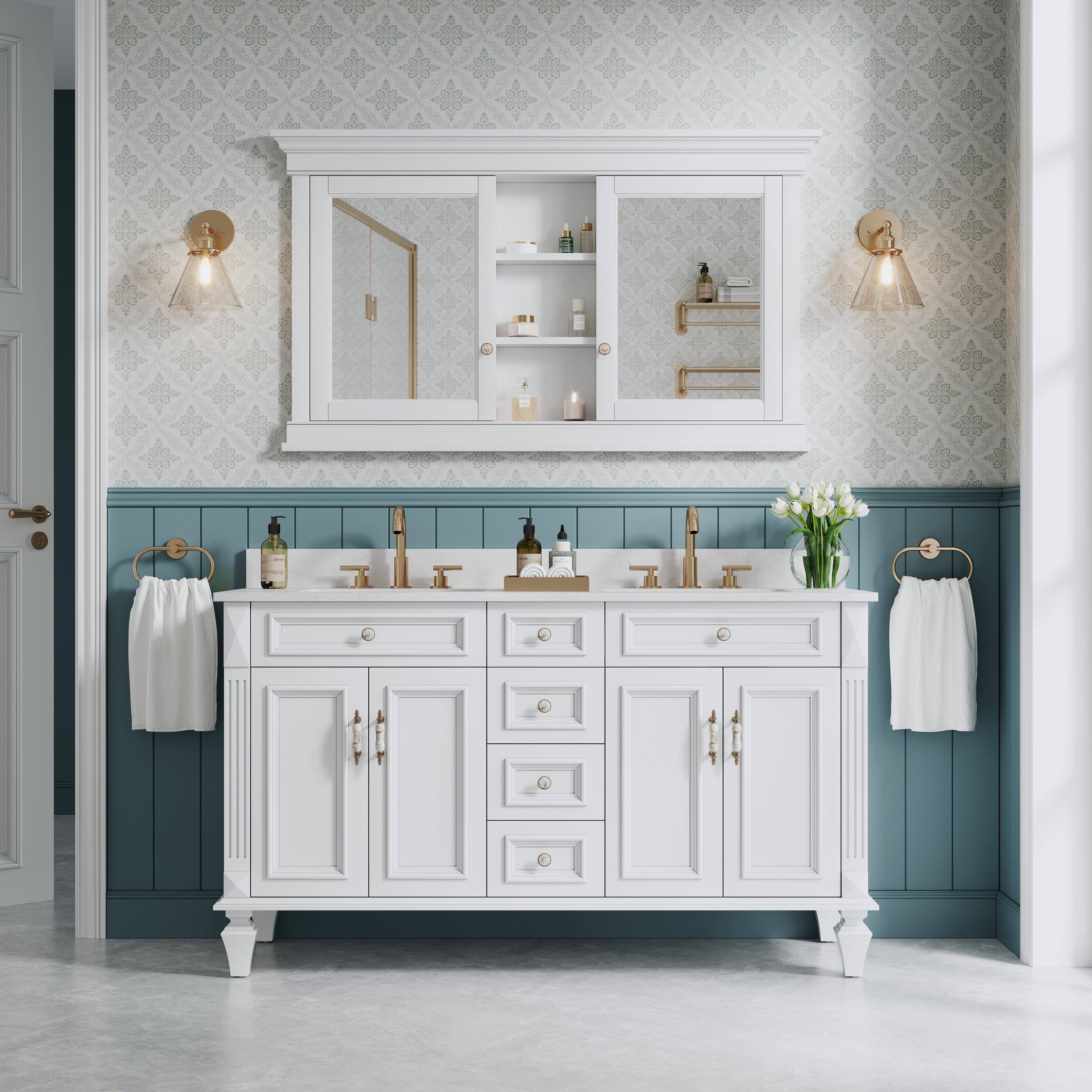 Back. WELLFOR - 55-Inch W x 32-Inch H Recessed Solid Rubberwood Medicine Cabinet with Mirrored Door - White.