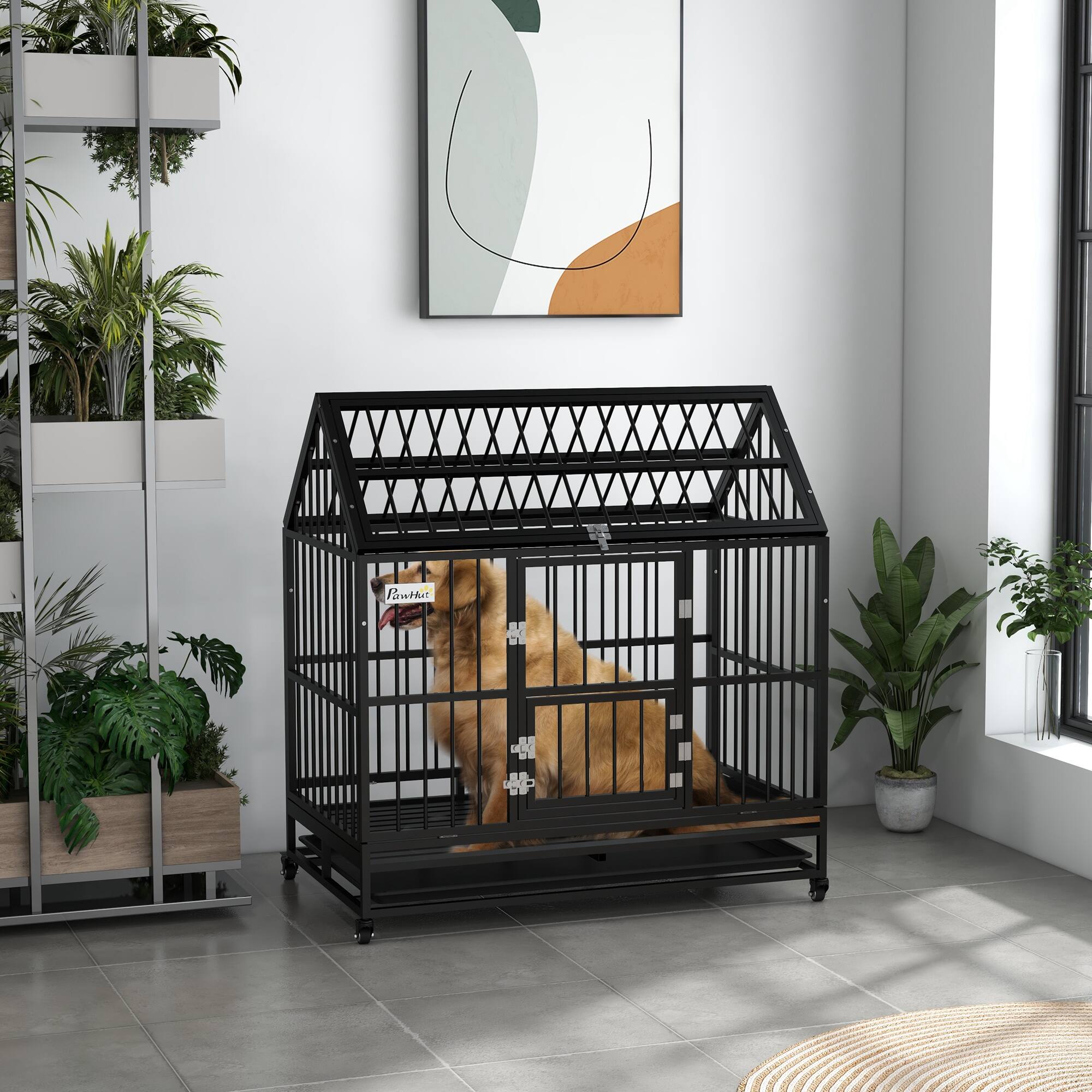 Alt View 1. Pawhut - Heavy Duty Dog Crate with 4 Lockable Wheels, Double Doors, and Removable Tray.