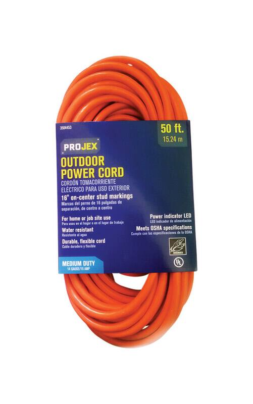 3504453
50 ft. 15.24 m
PROJEX OUTDOOR POWER CORD
CORDÓN TOMACORRIENTE ELÉCTRICO PARA USO EXTERIOR
16" on-center stud markings
Marcas del perno de 16 pulgadas de separación, de centro a centro
For home or job site use
Para usos en el hogar e en el lugar de trabajo
Water resistant
Resistente al agua
Durable, flexible cord
Cable duradero y flexible
MEDIUM DUTY
14 GAUGE/15 AMP
Power indicator LED
LED indicador de alimentación
Meets OSHA specifications
Cumple con las especificaciones de la OSHA
UL