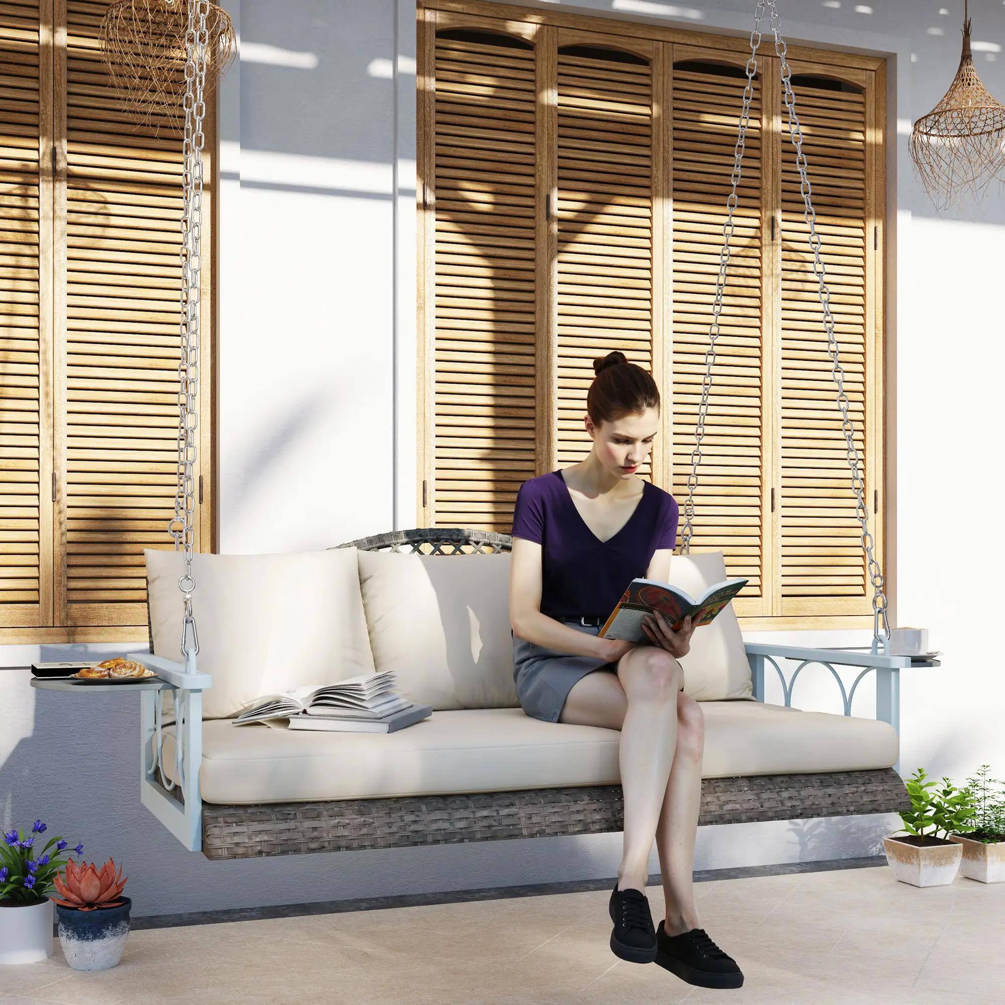 Alt View 7. Resenkos - Resenkos 3-Person Wicker Swing Bench, Outdoor Patio, Porch, Natural, Comfortable Cushions, Cup Holders, Natural Wood.