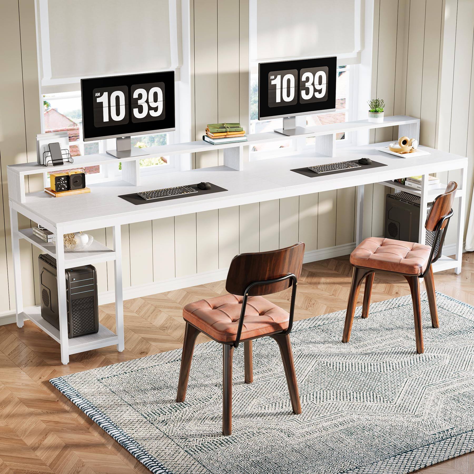 Tribesigns - 78.7-Inch Two-Person Computer Desk with Storage Shelves and Monitor Stand for Home Office - White