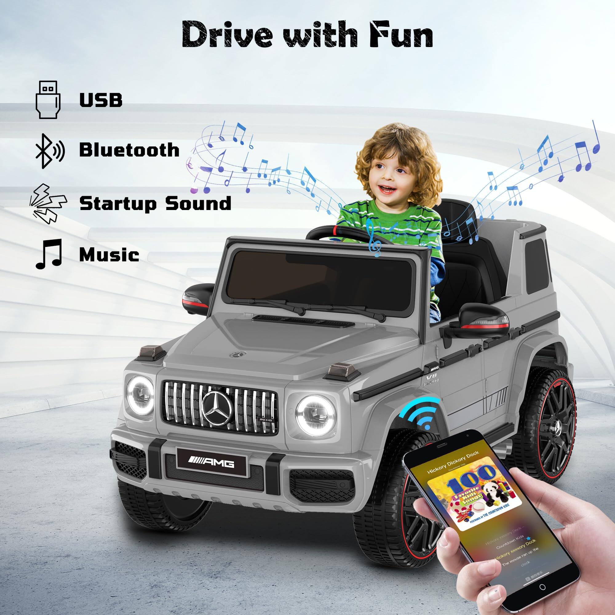 Drive with Fun

USB
Bluetooth
Startup Sound
Music

VB ENTO
AMG

Dock Hickory Dickory 100 E Kids longs KBC of - - Dice CORON MOCDI
Countification Dock Hickory XXXXXXXX - 5K The mouse cluck