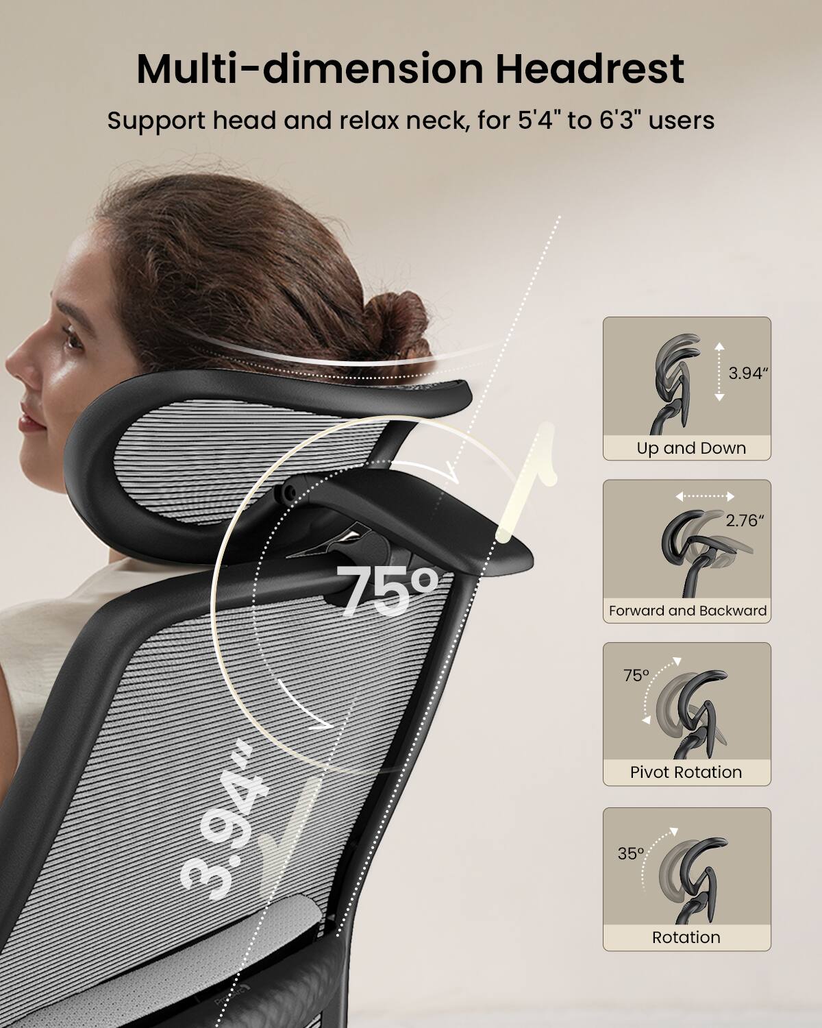 Multi-dimension Headrest  
Support head and relax neck, for 5'4" to 6'3" users  

3.94"  
Up and Down  

2.76"  
Forward and Backward  

75°  
Pivot Rotation  

35°  
Rotation
