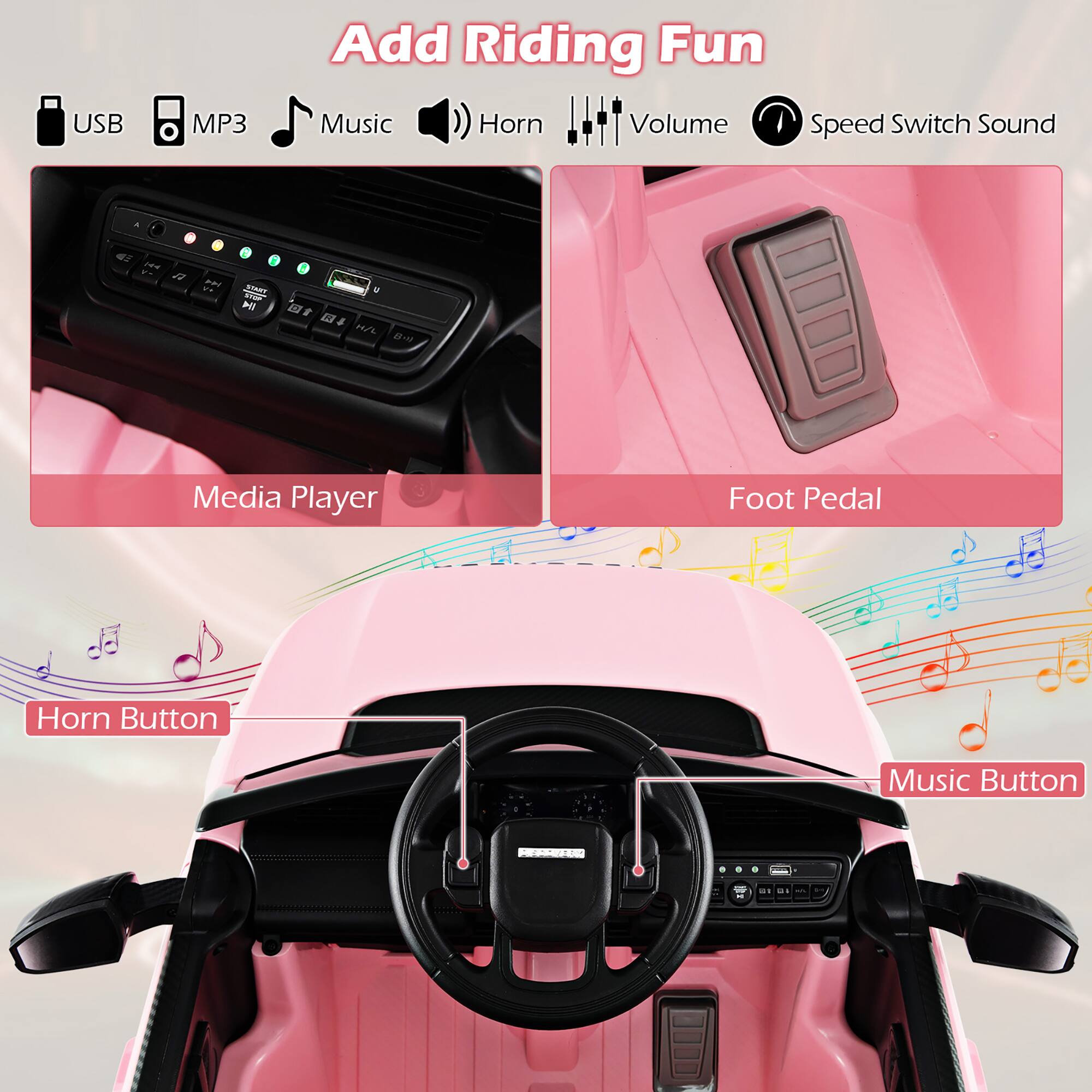USB
MP3
Add Riding Fun Music Horn Volume Speed Switch Sound

Media Player
Foot Pedal
Horn Button
Music Button
