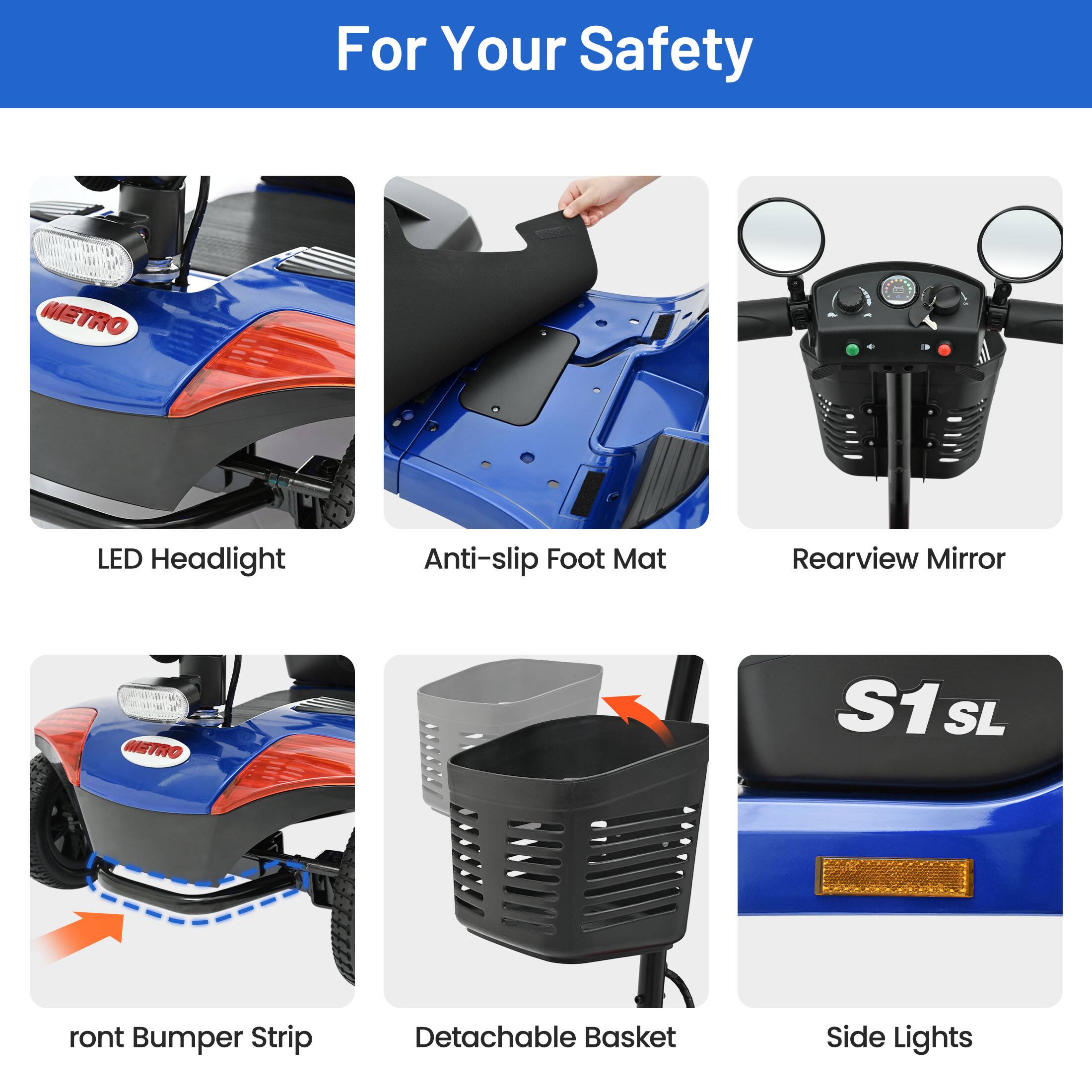 For Your Safety

METRO
10
LED Headlight
Anti-slip Foot Mat
Rearview Mirror
METRO
S1 SL
Front Bumper Strip
Detachable Basket
Side Lights