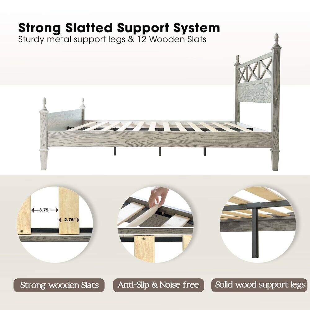 Strong Slatted Support System  
Sturdy metal support legs & 12 Wooden Slats  
3.75" 2.75"  
Strong wooden Slats  
Anti-Slip & Noise free  
Solid wood support legs