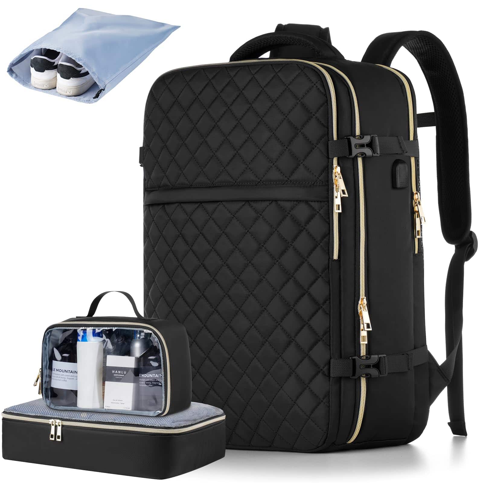 Stamp n Camp - Large Travel Backpack Women Flight Approved Carry On Water Resistant Anti theft Casual Daypack School Bag Fit 17 Inch - Black-3 Sets-18.4 inch