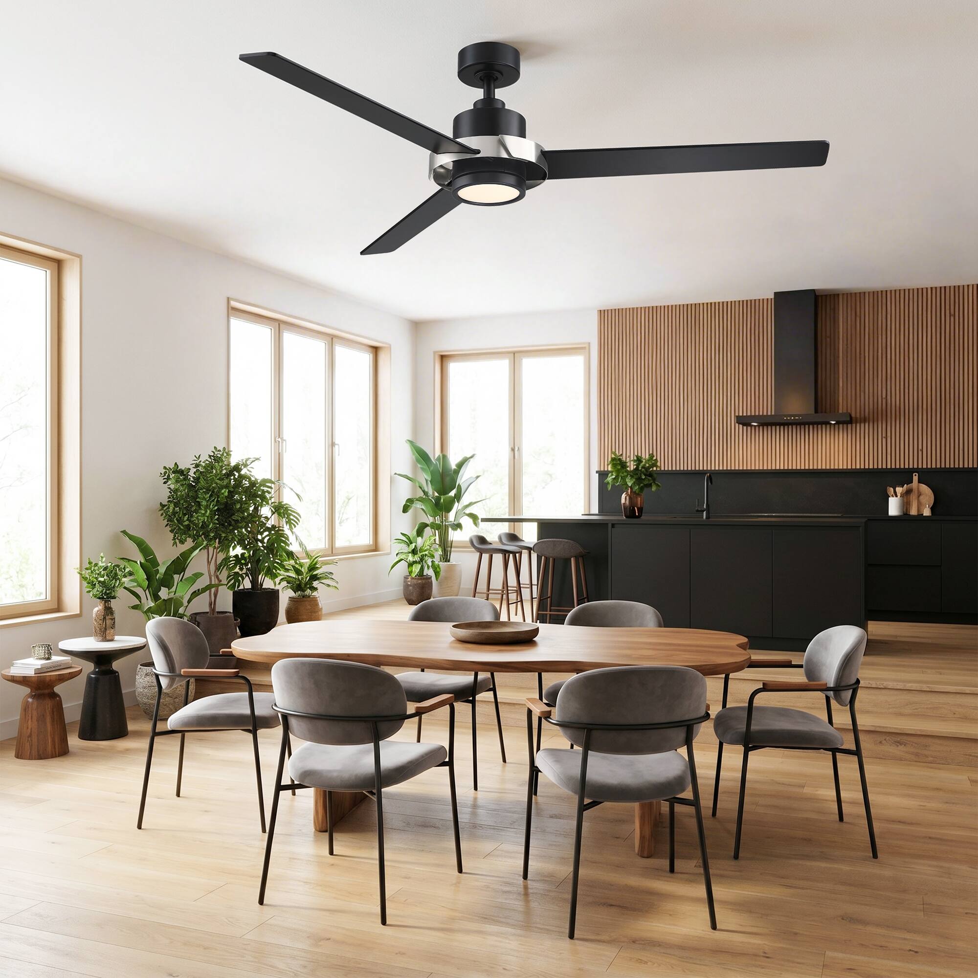 Left. Parrot Uncle - 60 Inch Modern Dimmable LED Ceiling Fan with Remote Control and 6 Speed DC Motor - Black.