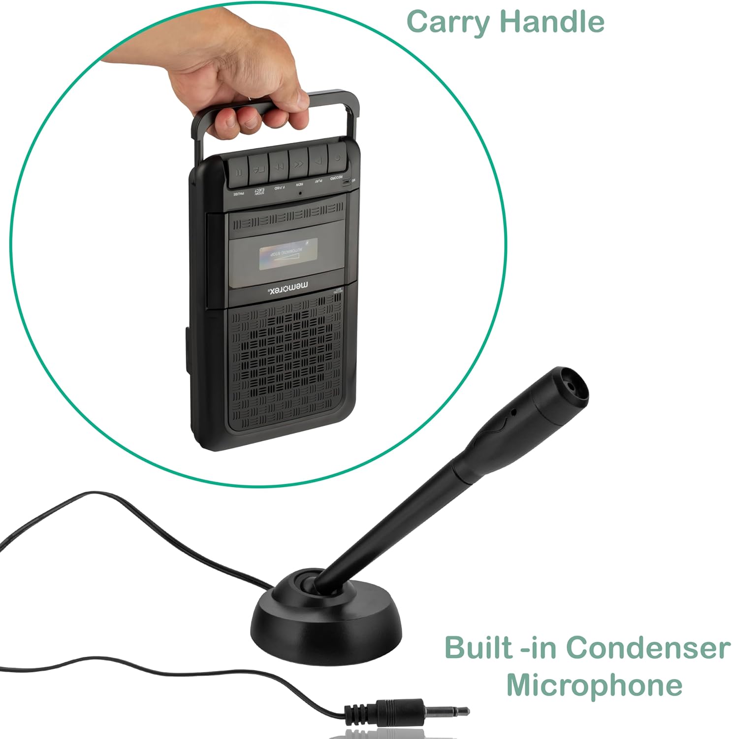 The image shows a portable speaker with a carry handle and a built-in condenser microphone.