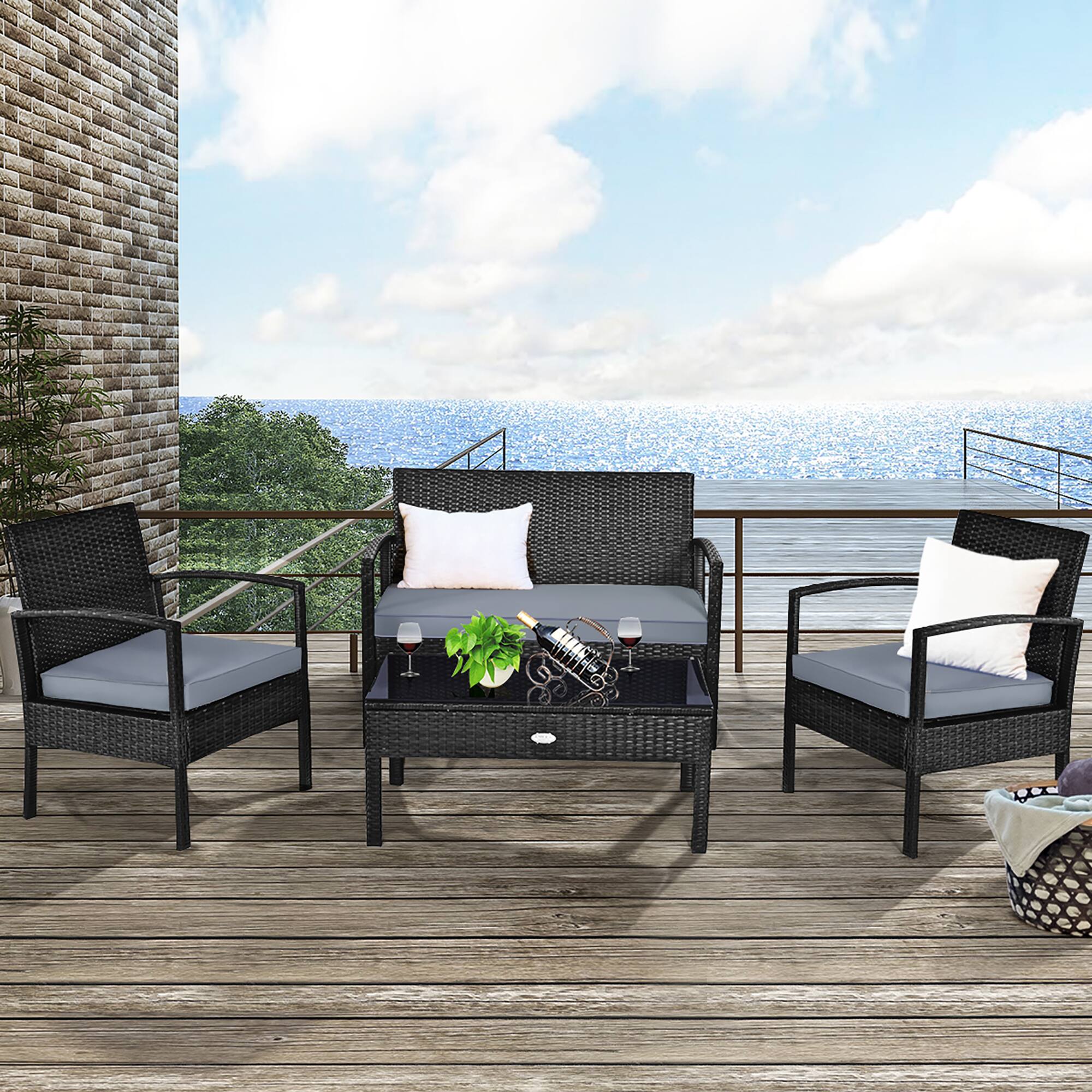 Alt View 1. Costway - Costway 4PCS Patio Rattan Furniture Set Garden Deck - Black.