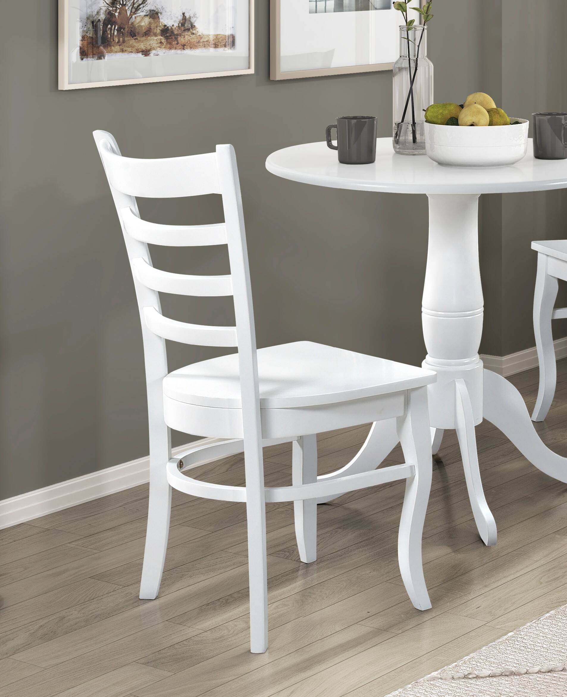 Angle. TinyHomie - White 3pc Set Round Table and Two Chairs Set Wooden Ladder-Back Casual Farmhouse Style Kitchen Dining Room Furniture - White.