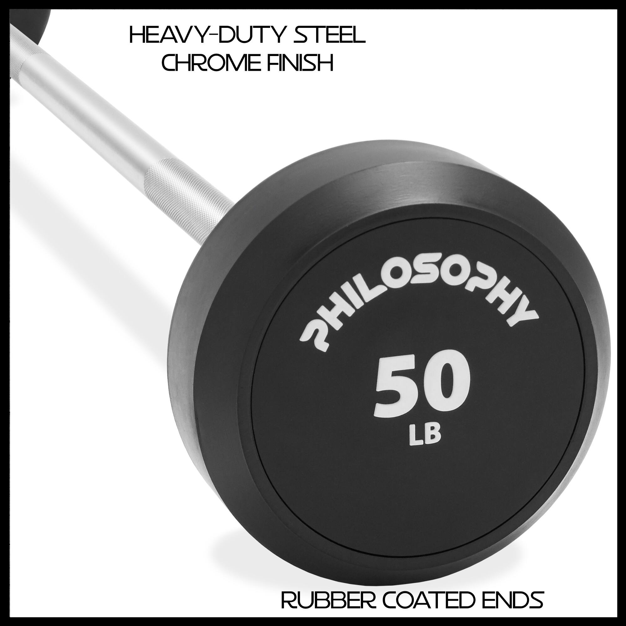 HEAVY-DUTY STEEL  
CHROME FINISH  

PHILOSOPHY  
50 LB  

RUBBER COATED ENDS