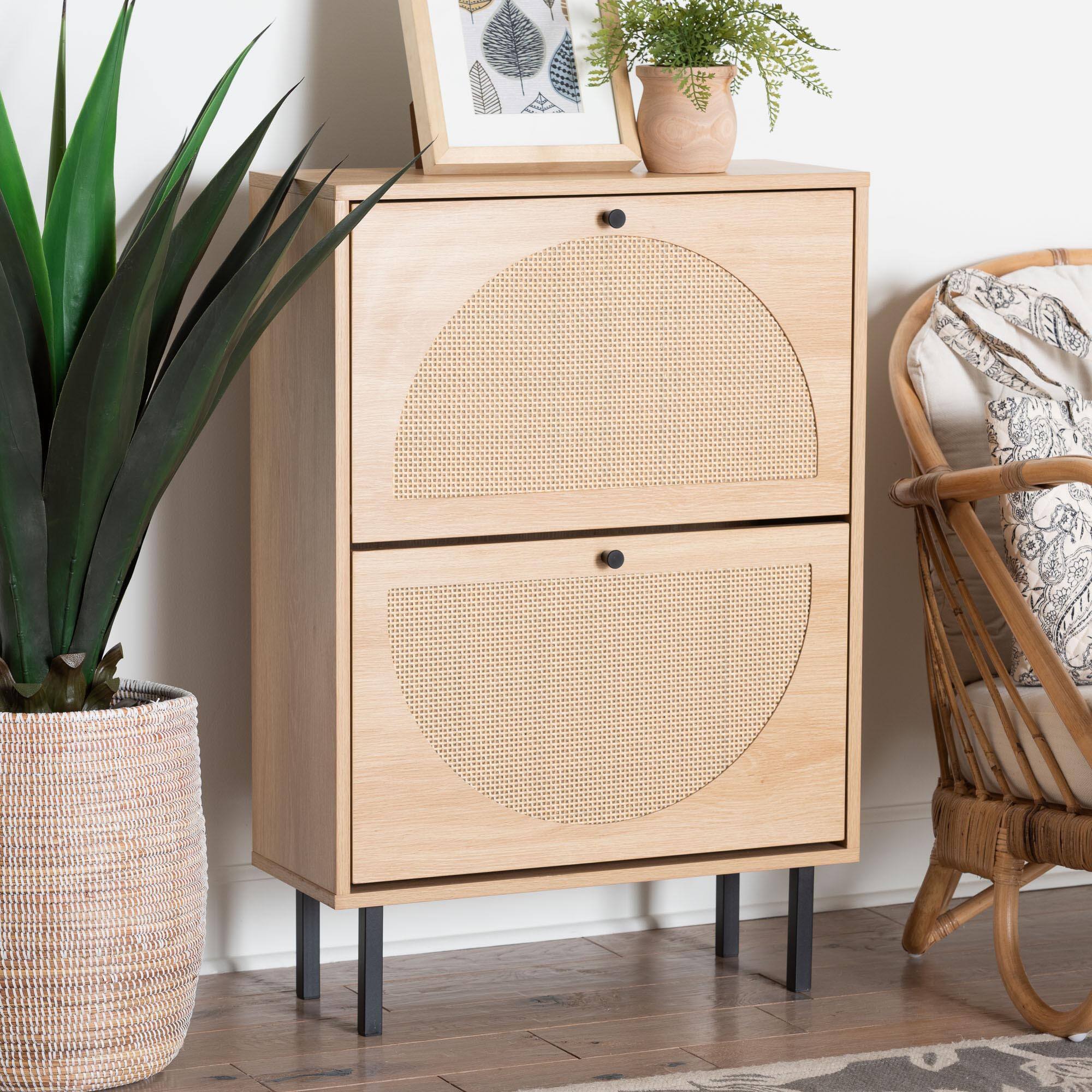 Alt View 4. Baxton Studio - Remus Wood Shoe Cabinet - 12-Pair Shoe Storage Organizer with 2 Flip Doors, Compact Hallway or Entryway Furniture - Light Oak/Black.