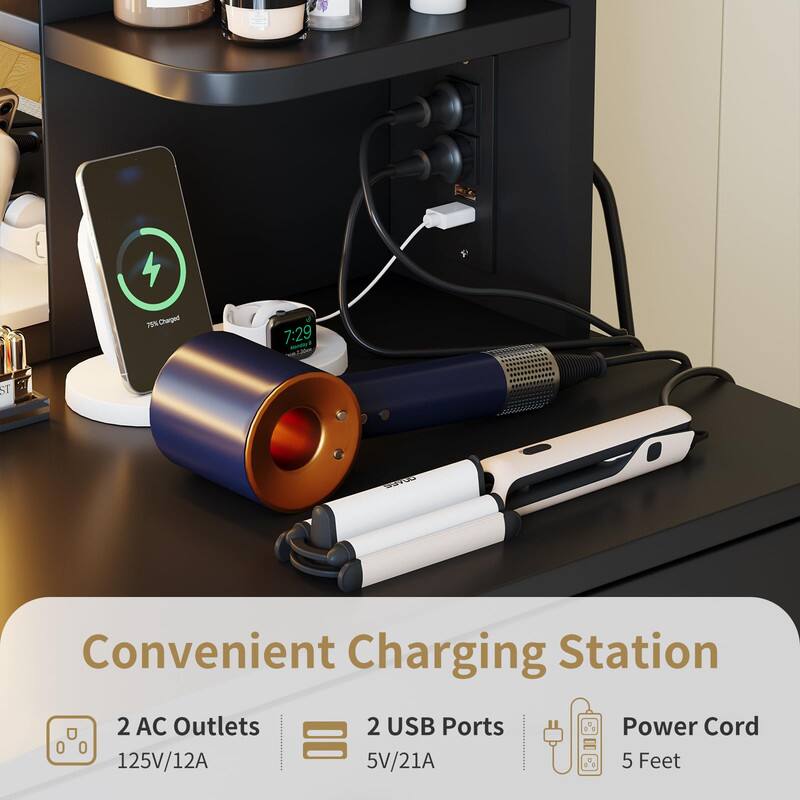 Convenient Charging Station

- 2 AC Outlets: 125V/12A
- 2 USB Ports: 5V/21A
- Power Cord: 5 Feet