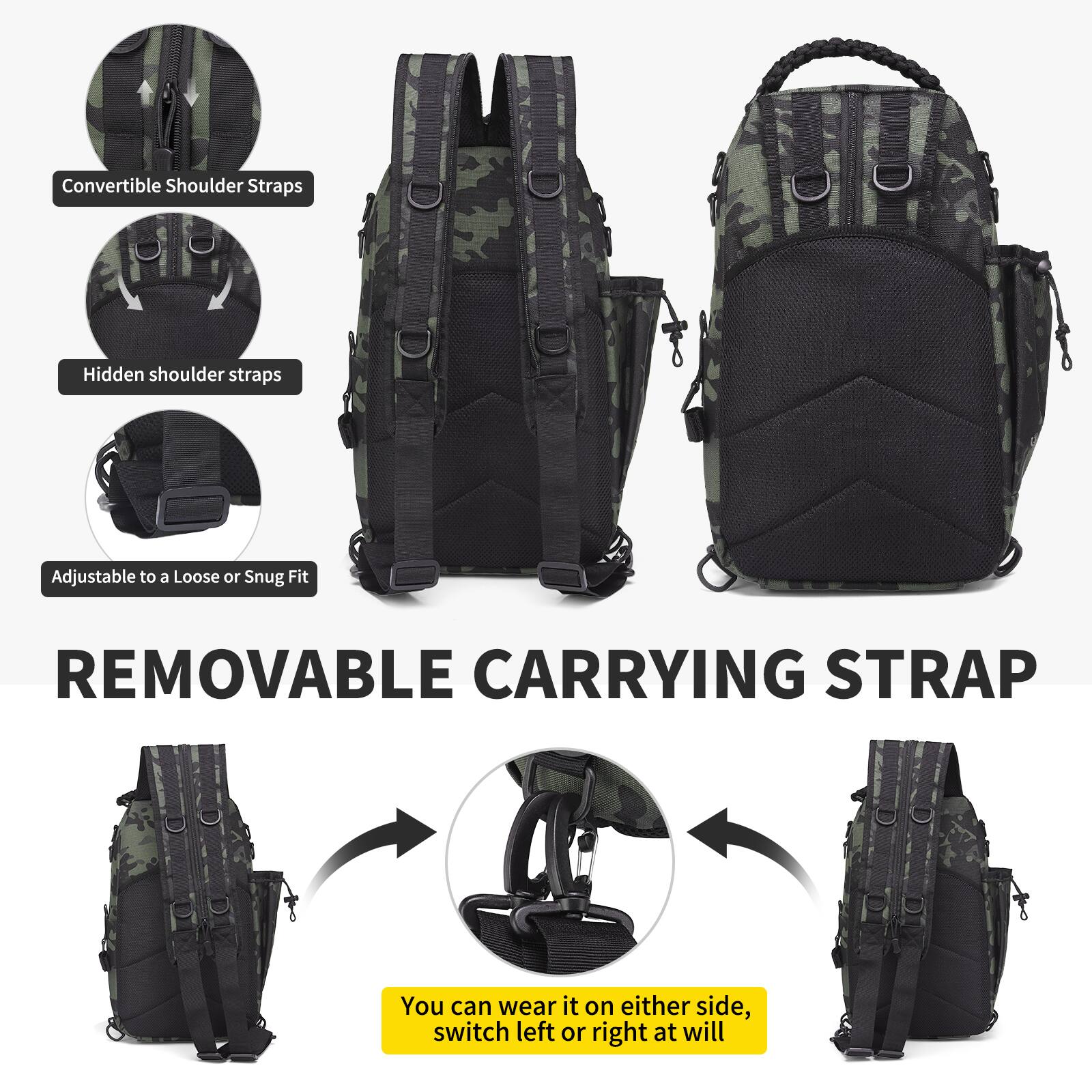 Convertible Shoulder Straps  
Hidden shoulder straps  
Adjustable to a Loose or Snug Fit  

REMOVABLE CARRYING STRAP  

You can wear it on either side, switch left or right at will