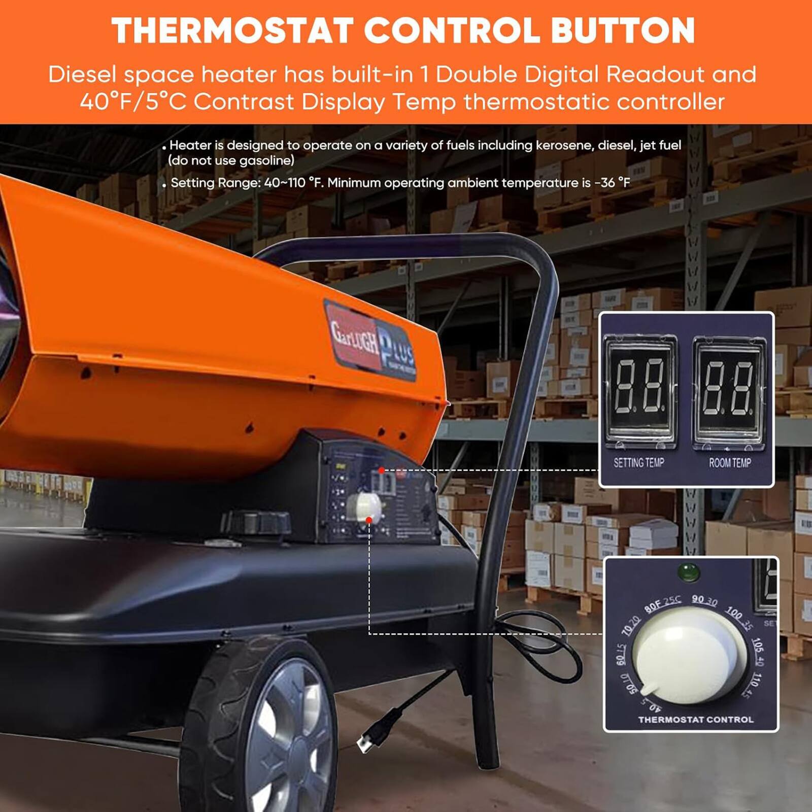 **THERMOSTAT CONTROL BUTTON**

Diesel space heater has built-in 1 Double Digital Readout and 40°F/5°C Contrast Display Temp thermostatic controller

- Heater is designed to operate on a variety of fuels including kerosene, diesel, jet fuel (do not use gasoline)
- Setting Range: 40-110°F. Minimum operating ambient temperature is -36°F

**Garlock Plus**

**SETTING TEMP**  
**ROOM TEMP**

**THERMOSTAT CONTROL**
