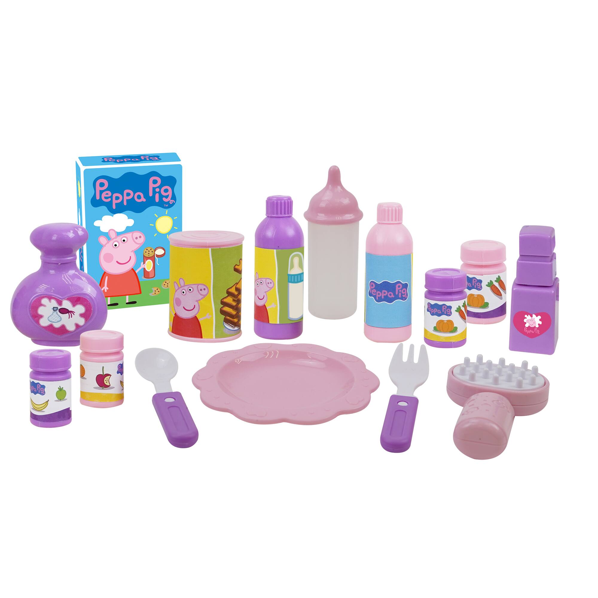 A Peppa Pig toy set includes a plate, fork, spoon, and bottle.