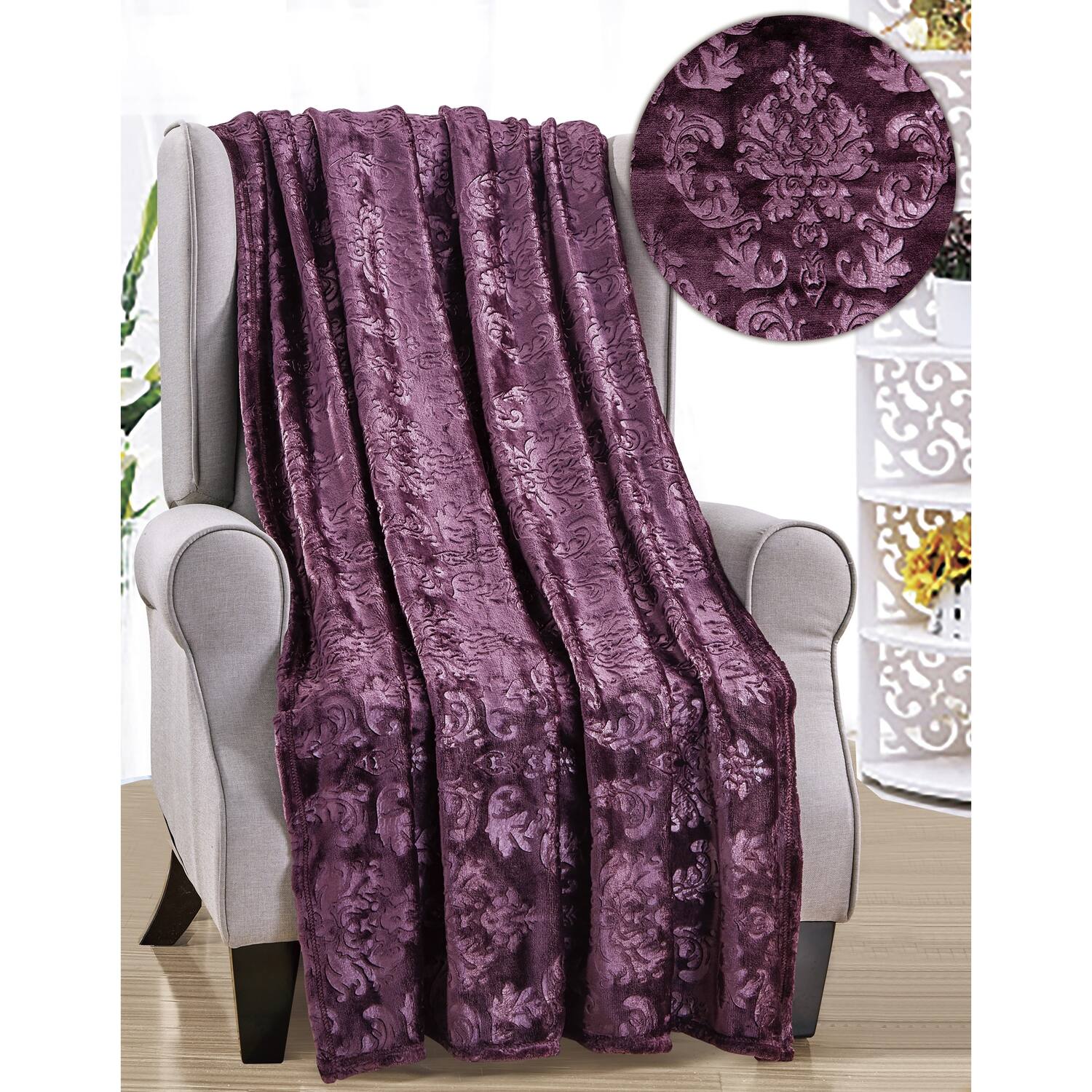 Alt View 1. Noble House - Plazatex Versailles Embossed Decorative Super Soft Throw Blanket for Sleep/Decor 2 Pack 50" x 60" Plum - Plum.