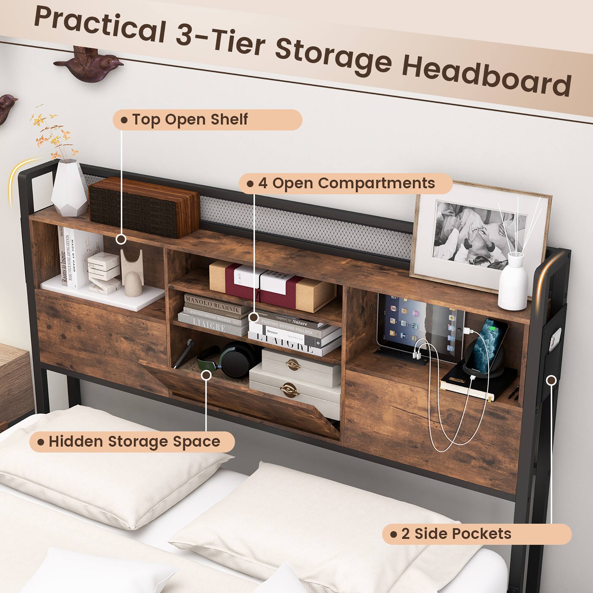 Practical 3-Tier Storage Headboard

- Top Open Shelf
- 4 Open Compartments
- Hidden Storage Space
- 2 Side Pockets