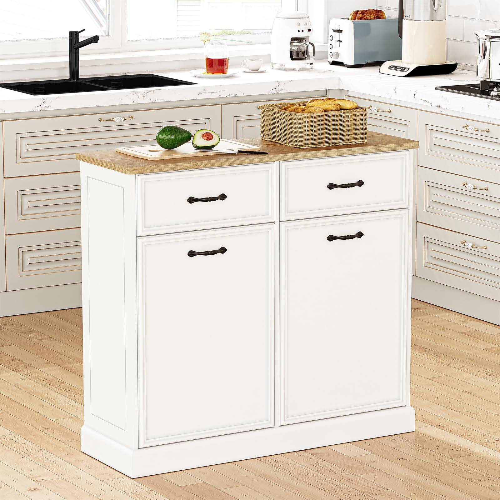 Left. Jojoka - Double Tilt-Out Trash Cabinet, 20 Gallon Hidden Garbage Bin Organizer with Storage Drawers - White.