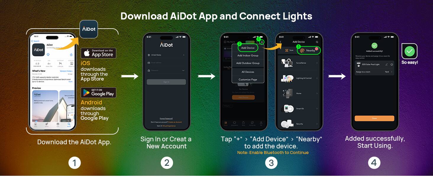 AiDot Download AiDot App and Connect Lights

1. Download the AiDot App.
   - iOS downloads through the App Store
   - Android downloads through Google Play

2. Sign In or Create a New Account

3. Tap "+" > "Add Device" > "Nearby" to add the device.
   - Note: Enable Bluetooth to Continue

4. Added successfully, Start Using.

- Add Device
- Add Indoor Group
- Add Outdoor Group
- All Devices
- Customize Page
- Add Device
- Seam Nearby
- Sunmillanze Lighting & Control
- Added
- Ranaa m decios a n - fo
- C SOS Solar Pock Light Assign to
- So easy! Preview AiDot

- 21 GT IT ON Google Play Android downloads through Google Play