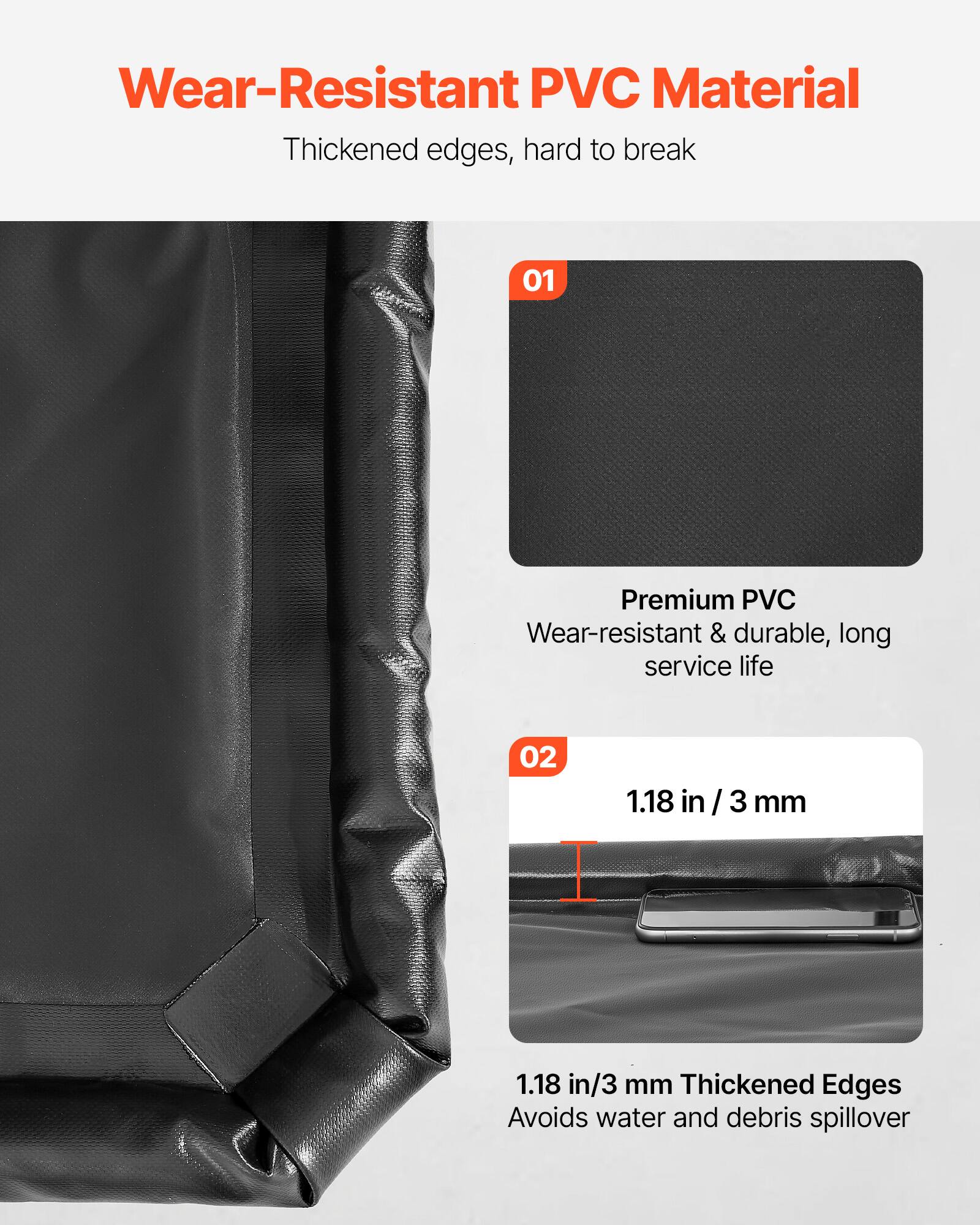 Wear-Resistant PVC Material  
Thickened edges, hard to break  

01  
Premium PVC  
Wear-resistant & durable, long service life  

02  
1.18 in / 3 mm  
1.18 in/3 mm Thickened Edges  
Avoids water and debris spillover